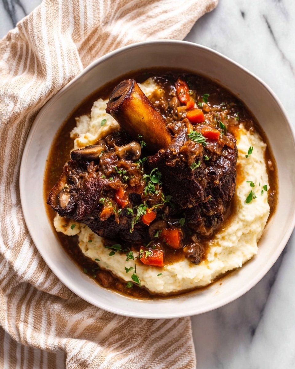 A deep white bowl holds a base layer of creamy mashed potatoes, smooth and pale in color, filling the bowl evenly. On top, two large pieces of dark brown braised meat with visible bone parts sit, covered in a rich, thick brown sauce mixed with small diced orange carrots and bits of mushrooms. Some green fresh herbs are sprinkled on the meat and sauce, adding small pops of color. The bowl rests on a white marbled surface with a beige and white striped cloth casually placed beside it. photo taken with an iphone --ar 4:5 --v 7
