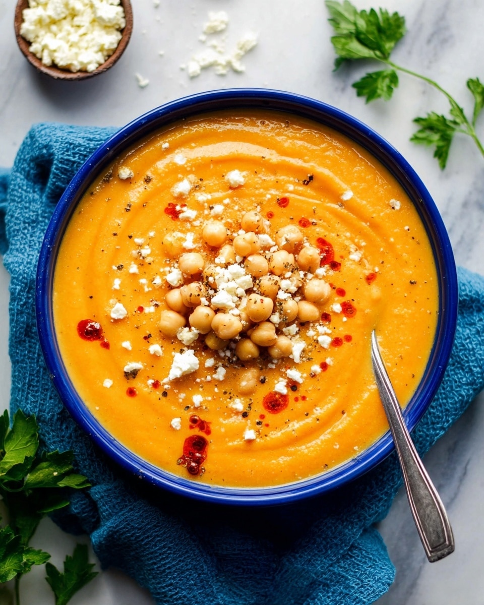 A white bowl filled with smooth orange soup has a swirl pattern on top. In the center, a small pile of light beige chickpeas sits, sprinkled with small white crumbles of cheese. There are drops of bright red sauce and a bit of black pepper scattered over the soup. A silver spoon rests inside the bowl on the right side. The bowl is placed on a blue cloth with some cheese crumbs beside it and fresh parsley leaves near the bottom left corner, all set on a white marbled surface. Photo taken with an iphone --ar 4:5 --v 7