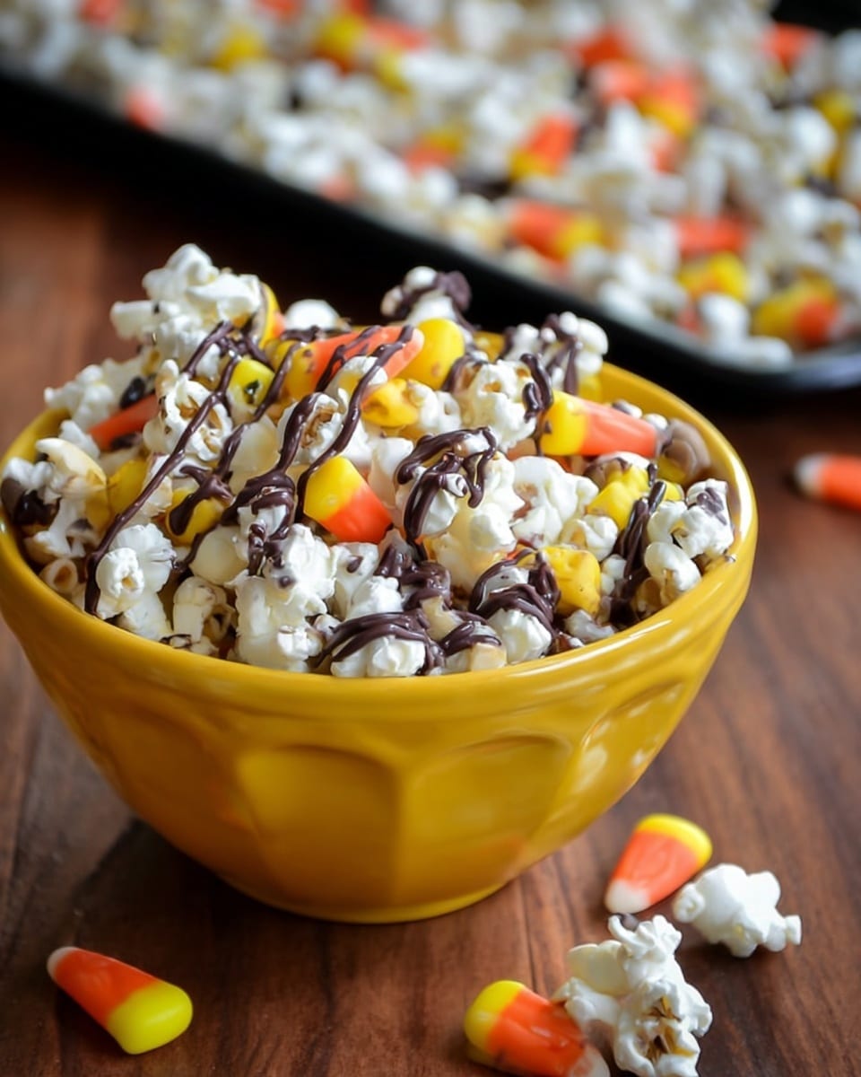 A yellow bowl filled with white popped popcorn drizzled with thin dark chocolate lines, mixed with yellow, orange, and white candy corn pieces scattered throughout. The bowl sits on a wooden surface, and the background shows a black tray with more popcorn and candy corn pieces blurred out. The popcorn is fluffy with some pieces showing light brown toasted spots. photo taken with an iphone --ar 4:5 --v 7