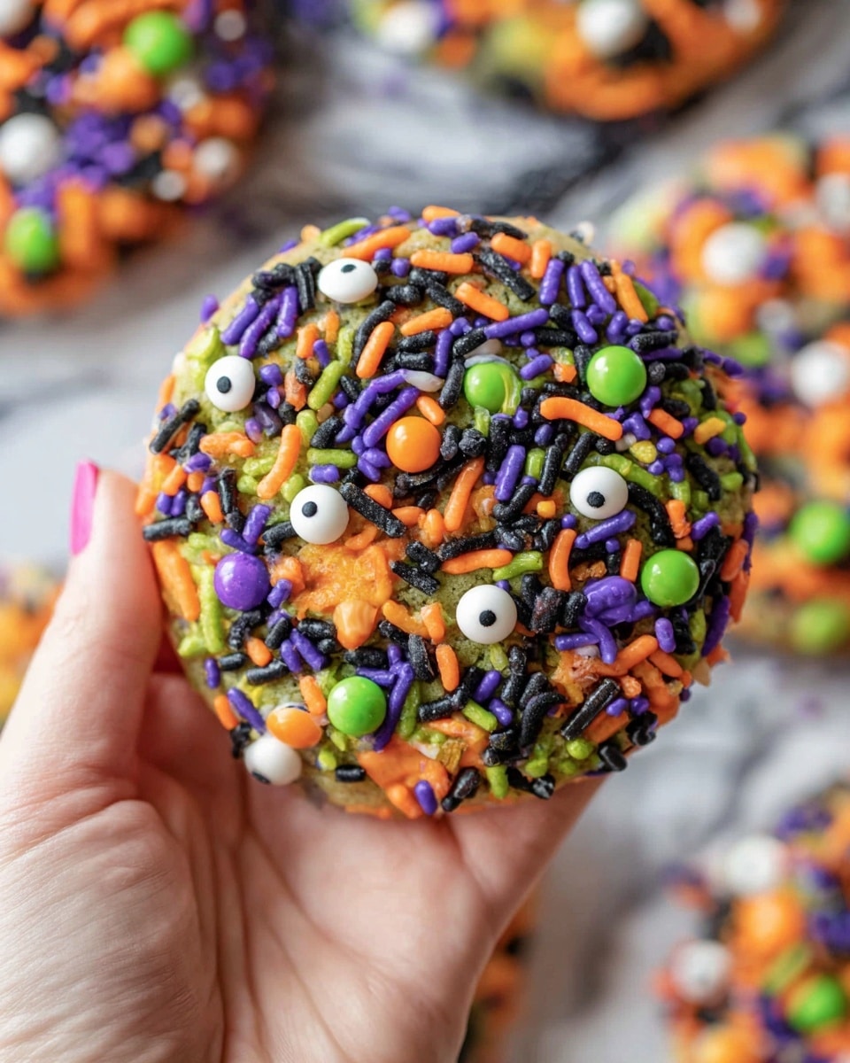 A close-up of a woman's hand holding a round cookie covered in colorful Halloween-themed sprinkles. The cookie has mixed layers of orange, green, and black dough with sprinkles layered thickly on top, including purple, orange, green, and black elongated sprinkles, round candy pieces in orange, green, purple, and black, and small white eyeball-shaped sprinkles spread all over the surface. The background is a white marbled texture with blurred elements of more cookies visible beneath. Photo taken with an iphone --ar 4:5 --v 7