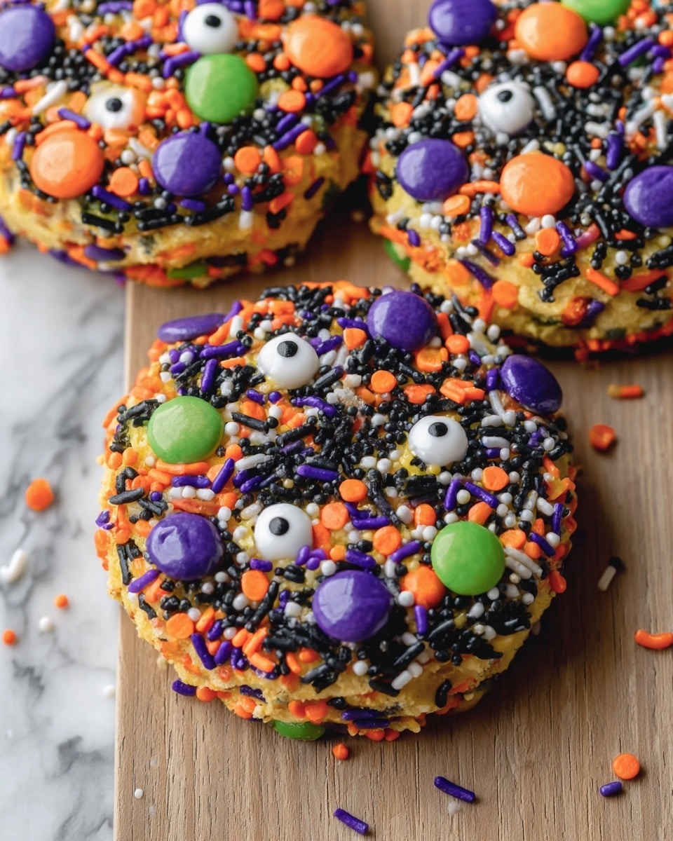 Three round cookies are shown on a wooden surface. Each cookie has a base layer mixed with orange, yellow, and dark colors like black and purple. The tops are decorated with multiple layers of colorful small sprinkles in black, orange, white, purple, and green. There are also larger round candy layers in purple, green, black, and orange, along with white candy eyes scattered on top. The colors and textures give a festive look. The background is a white marbled texture. Photo taken with an iphone --ar 4:5 --v 7