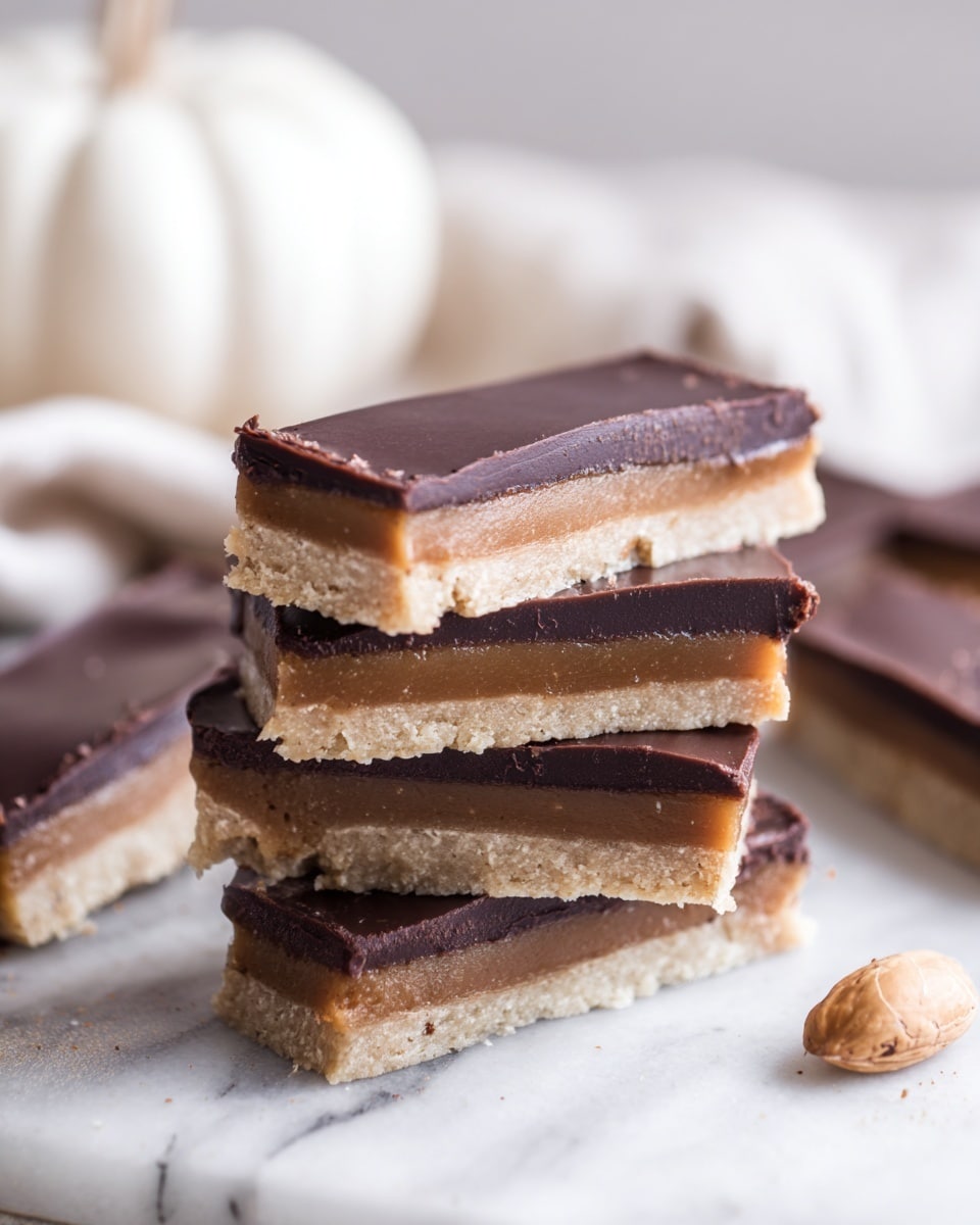 The image shows several long rectangular bars arranged on a white marbled surface, each bar having two distinct layers: a thick bottom layer in light beige with a soft, creamy texture, and a top layer of smooth, dark brown chocolate that covers the whole surface. Some bars are stacked, showing a clear cut profile of these two layers, while others lay flat. On the left side is a close bunch of cinnamon sticks and round brown nutmeg, adding a rustic touch, and a white pumpkin is partially visible on the bottom right corner. The photo taken with an iphone --ar 4:5 --v 7