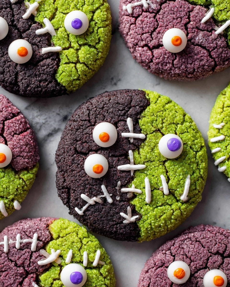 A cookie held by a woman's hand, divided into three uneven sections. The top left section is dark brown with two candy eyes, one orange with a black dot and one white with a black dot. The top right section is purple with a cracked surface and two white candy eyes with black dots, decorated with small white icing lines. The bottom right section is bright green with a rough texture, decorated with a purple candy and small white icing lines along the top edge. The background is a white marbled texture. Photo taken with an iphone --ar 4:5 --v 7