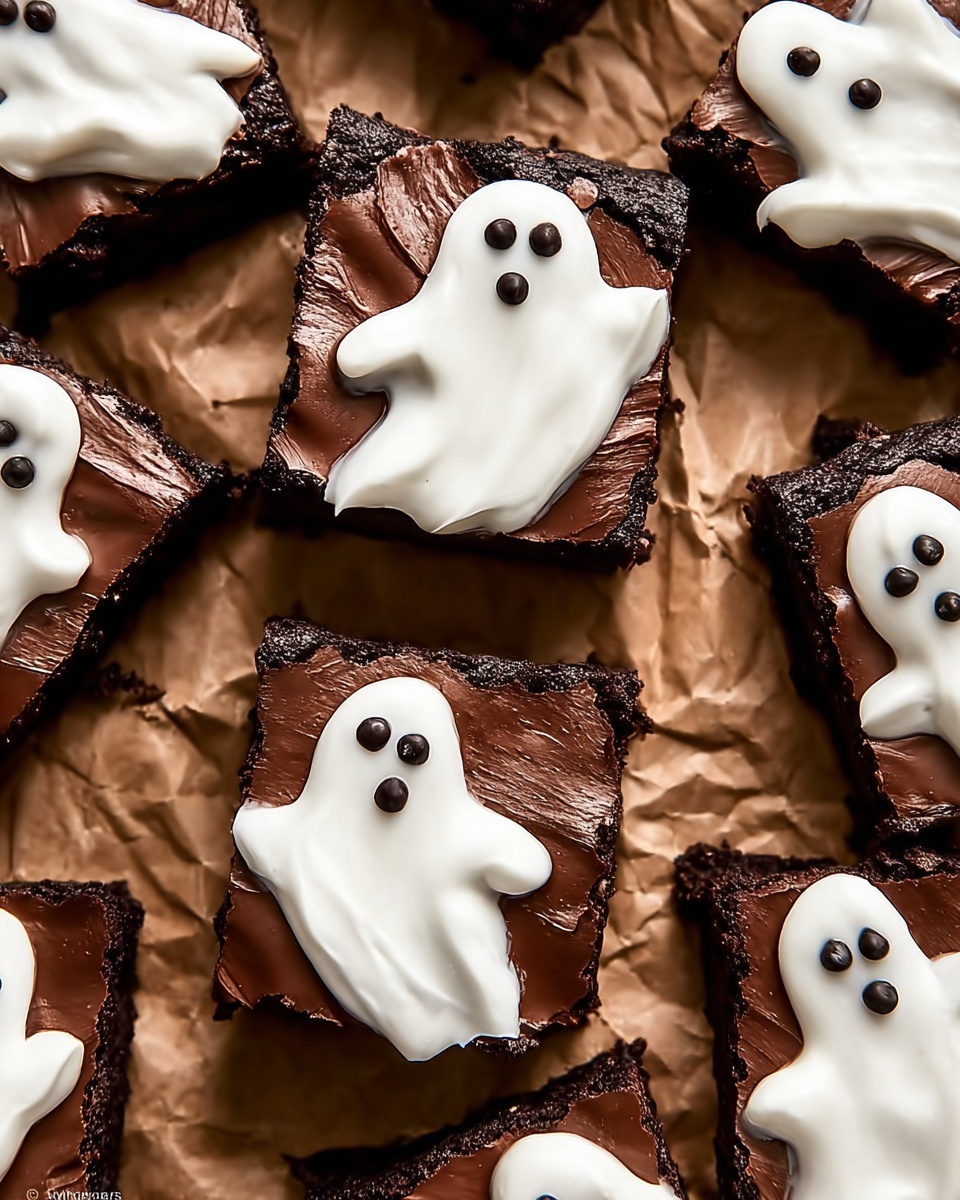 The image shows several square chocolate brownies arranged on brown paper over a white marbled surface. Each brownie has a smooth, dark brown chocolate layer on top. On half of the brownies, there is a white ghost-shaped frosting layer covering part of the chocolate, with three black spots representing eyes and mouth on each ghost. The frosting has a slightly shiny, smooth texture and irregular, rounded shapes resembling small ghosts. Photo taken with an iphone --ar 4:5 --v 7