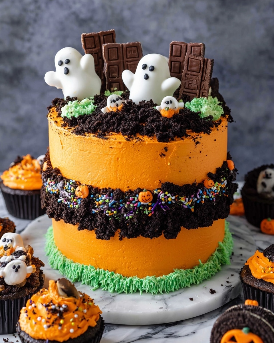 A slice of dark chocolate cake with three thick, moist layers separated by bright orange frosting is placed on a white plate. The top and sides of the cake slice are coated with the same orange frosting. In the background, a round cake with orange frosting on top and a thick black band around its middle, decorated with colorful sprinkles and small orange and white pumpkin shapes, sits surrounded by chocolate bars lined up vertically. A green frosting cupcake with a small chocolate pumpkin on top is also visible. All items rest on a white marbled surface. Photo taken with an iphone --ar 4:5 --v 7