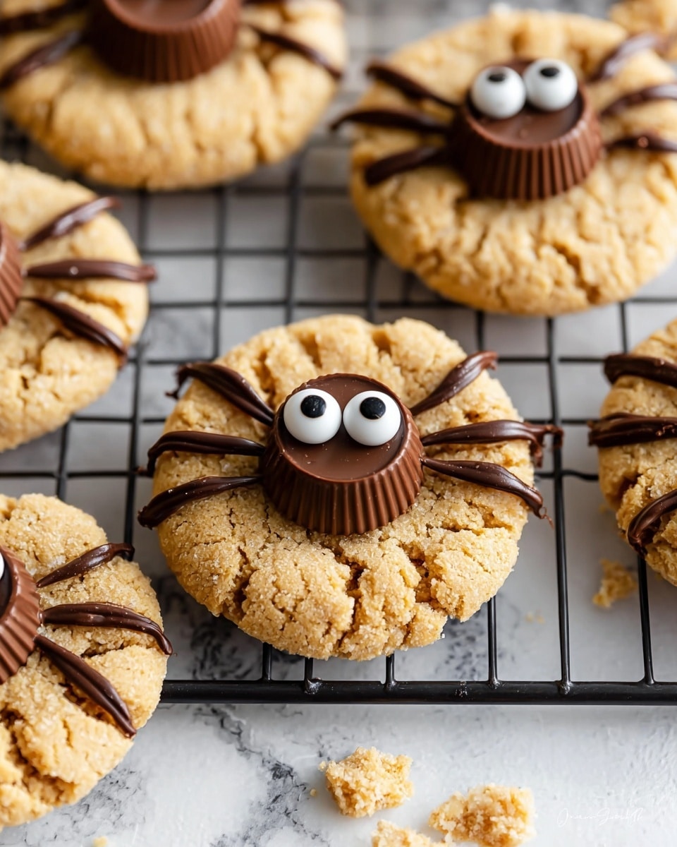 The image shows round peanut butter cookies with a cracked, crumbly texture in light golden brown. Each cookie has a small chocolate cup pressed in the center for a raised top layer. Dark chocolate lines extend from under the cup to the cookie surface, forming eight leg shapes for a spider look. Two white candy eyes with black dots are placed below the chocolate cup to create a cute spider face. The cookies sit on a black wire cooling rack with a white marbled surface underneath. Photo taken with an iphone --ar 4:5 --v 7