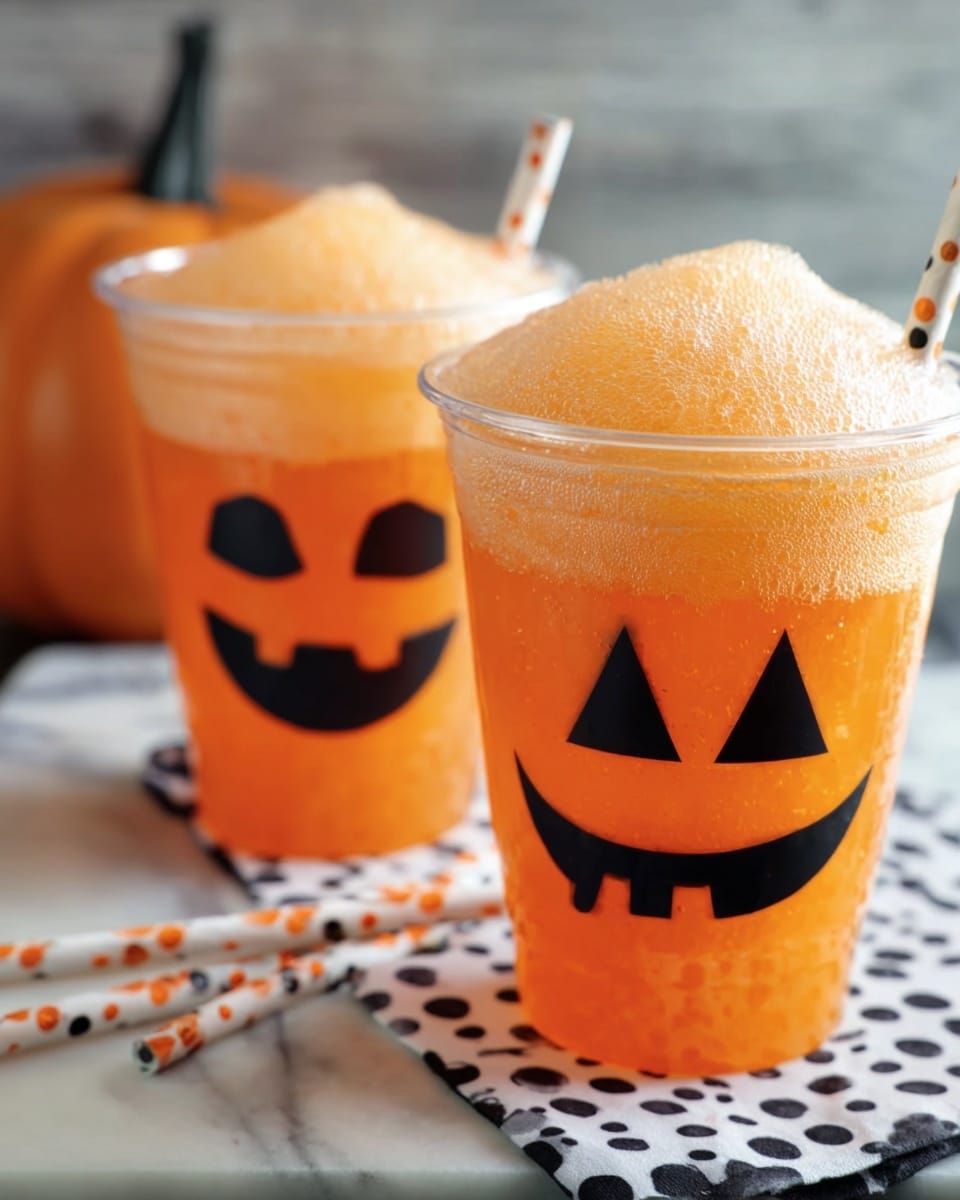The image shows a single glass filled with an orange layered drink that has a thick, frothy cream-colored foam on top. The glass is decorated with a black jack-o'-lantern face featuring triangle eyes and a wide, smiling mouth. Two white straws with orange and black polka dots are placed inside the drink, leaning slightly to the right. The glass sits on a neutral textured surface with some blurry background elements that suggest an autumn or Halloween theme. photo taken with an iphone --ar 4:5 --v 7