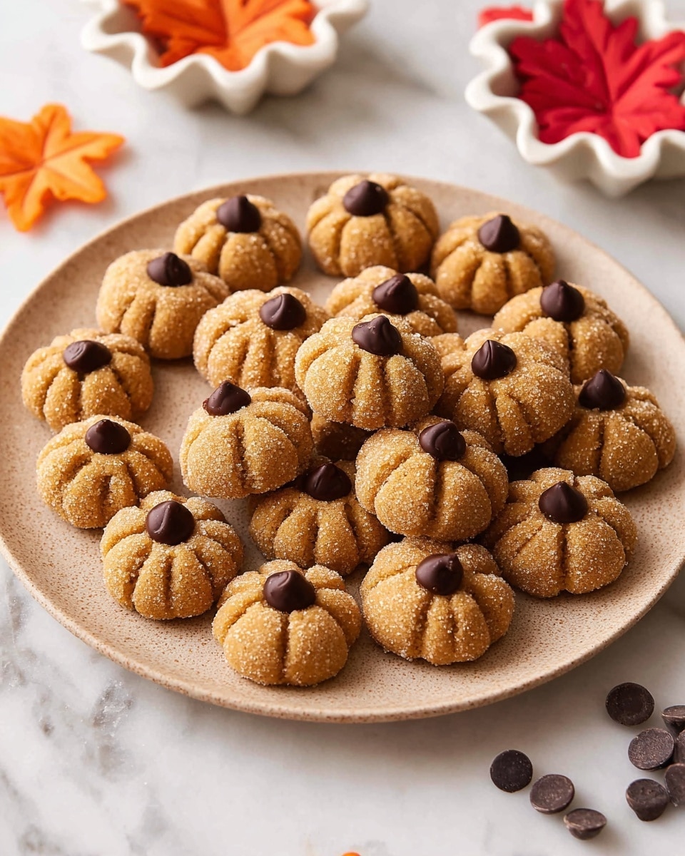 A textured beige plate holds about twenty small pumpkin-shaped cookies in different sizes, arranged close together. Each cookie is light brown with a sugar-coated rough surface, having noticeable segmented sections mimicking pumpkin grooves. A single dark brown chocolate chip is placed on top center of each cookie. The plate rests on a white marbled surface scattered with a few chocolate chips around it. In the background, there are two small white dishes shaped like autumn leaves, one in red and the other in orange, adding a seasonal touch. Photo taken with an iphone --ar 4:5 --v 7