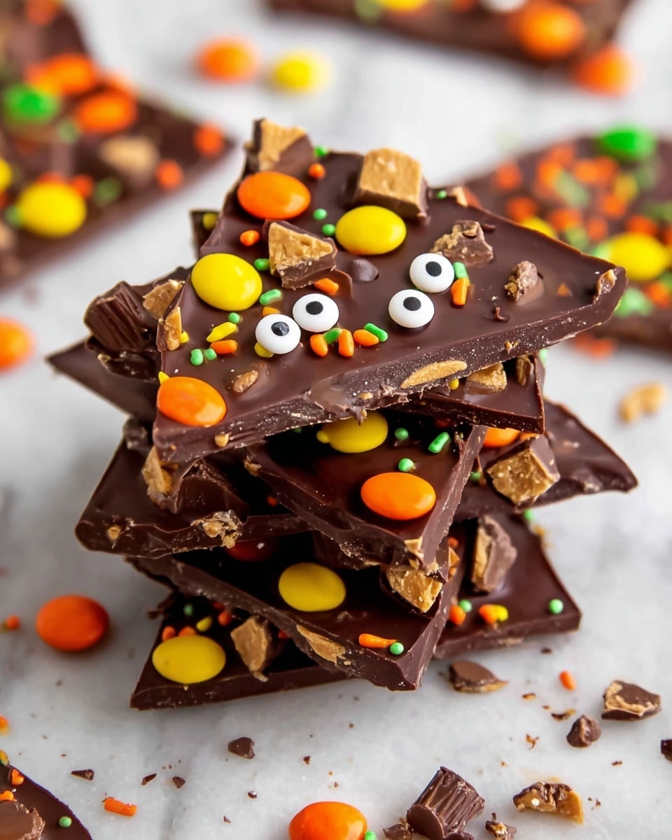 A stack of three thick, dark brown chocolate bark pieces sits scattered on a white marbled surface. The chocolate layers are decorated with small colorful round candies in yellow and orange, bright orange and green sprinkles, and chunks of lighter brown peanut butter cups broken into smaller pieces. Two white candy eyeballs with black centers are visible on the top piece, adding a playful look. Crumbs and tiny bits of chocolate are scattered around the stack, enhancing the homemade feel. Photo taken with an iphone --ar 4:5 --v 7