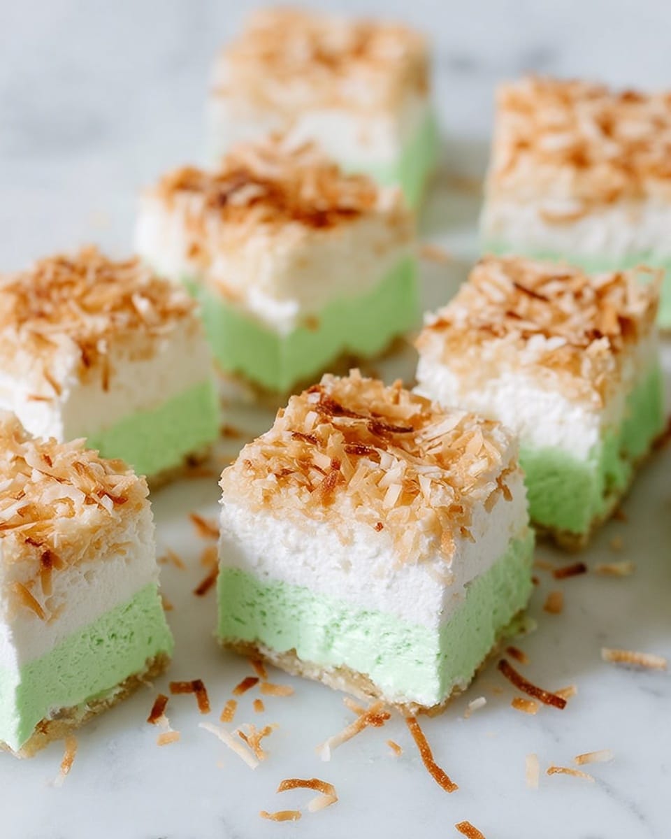 The image shows several square pieces of a three-layered treat arranged on a white marbled surface. The bottom layer is covered with toasted coconut flakes that stick out around the edges, showing a rough, textured look in light brown and cream colors. The middle layer is smooth and white, sitting evenly above the coconut base. The top layer is pale green with a soft, mousse-like texture. Toasted coconut flakes are scattered around the pieces, adding a crunchy look to the scene. Photo taken with an iphone --ar 4:5 --v 7