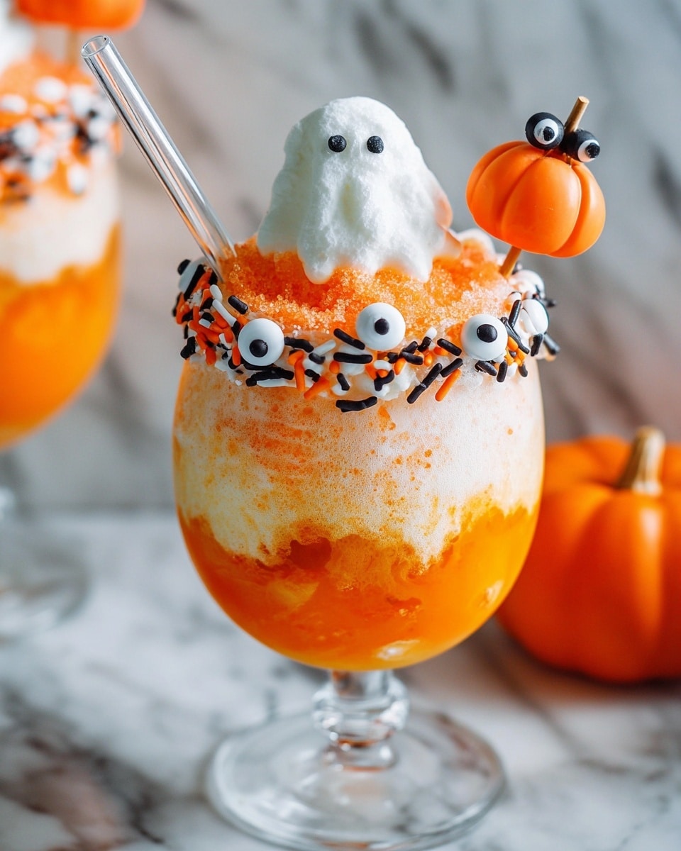 The image shows a clear, textured glass filled with three visible layers: the bottom layer is white and creamy, the middle layer is orange and smooth, and the top layer is white whipped cream decorated with black, orange, and white round and stick sprinkles. The glass rim is covered with white dripping frosting and more sprinkles. On top, there is a small orange pumpkin candy on a skewer and a clear straw. The background is a white marbled surface with some Halloween-themed decorations blurred out. Photo taken with an iphone --ar 4:5 --v 7