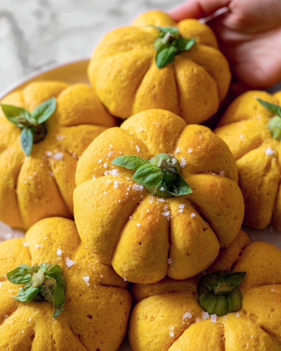 The image shows a close-up of several small pumpkin-shaped bread rolls with a warm golden-yellow color and a soft, slightly textured surface. Each roll has seven distinct segments created by deep cuts from the top center to the sides, mimicking the shape of a pumpkin. There are small green basil leaves placed on top of each roll’s center, and a few grains of coarse salt sprinkled around them, adding detail and freshness. The background is a white marbled texture, and a woman's hand is gently holding one of the rolls from the top right corner. Photo taken with an iphone --ar 4:5 --v 7