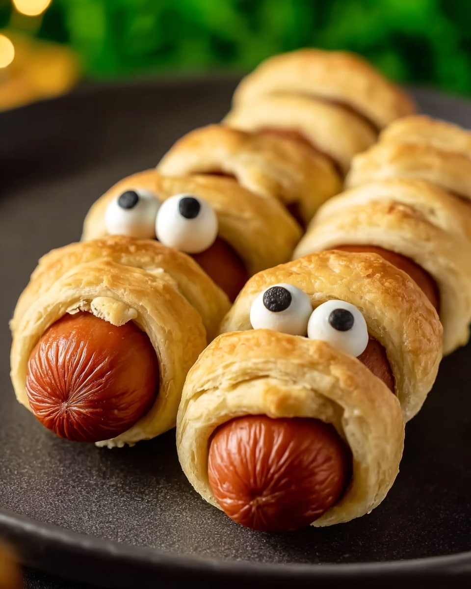 Two hot dogs wrapped with golden-brown baked dough strips to look like mummies lie side by side on a black plate with a white marbled textured surface underneath. Each hot dog is reddish-brown, partially visible between the dough strips that swirl diagonally from the top to the bottom. On the top part of each hot dog, two small white candy eyes with black pupils are placed to create a funny face. The top and bottom ends of the hot dogs peek out beyond the dough wrapping. A woman's hand netted cloth is partially seen around the plate edges. photo taken with an iphone --ar 4:5 --v 7