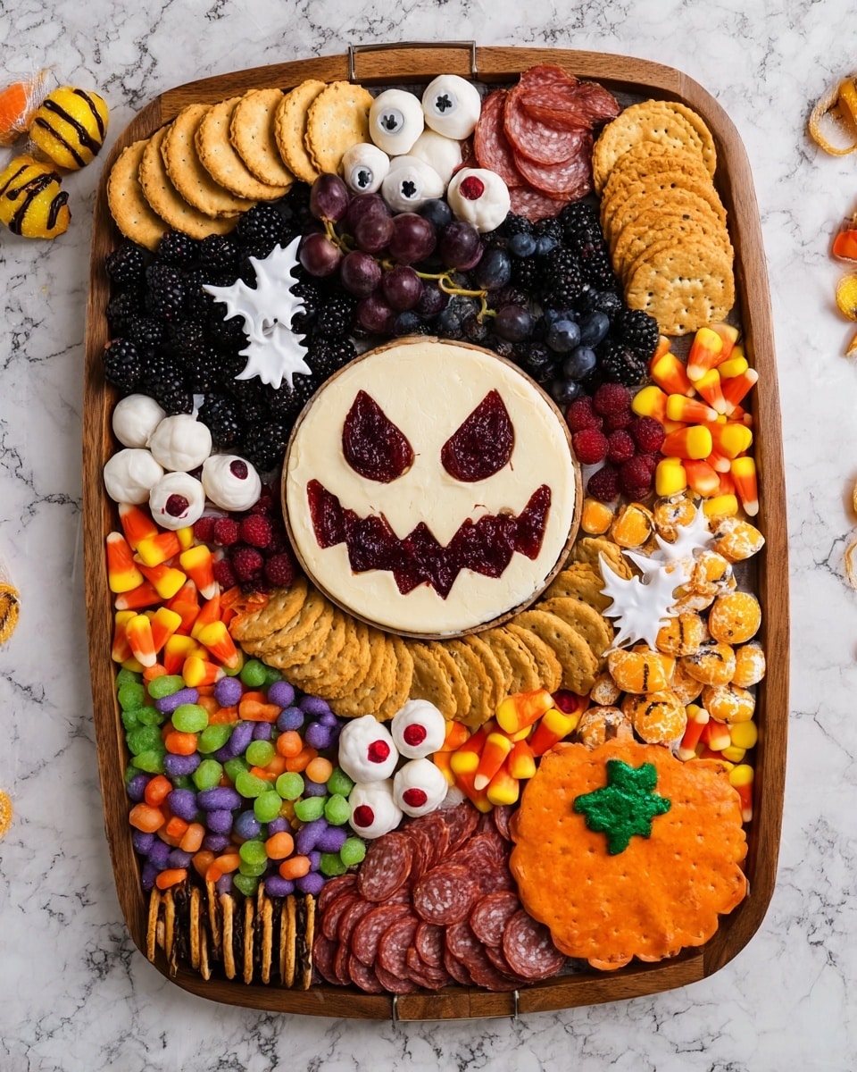 A wooden tray holds a Halloween-themed charcuterie board on a white marbled surface. In the center is a round white cheese with a spooky face made of red jelly for eyes and mouth. Around it, the board is neatly divided into sections: at the top left are orange and white striped pretzels next to round crackers and cream-colored square crackers. Below are small cubes of orange and yellow cheese combined with candy corn and pumpkin-shaped candies. Next to these are purple and green bat-shaped cookies with layers of color and texture, followed by rolled slices of red salami. The bottom left corner has white marshmallows with candy eyes, plain round crackers, and orange-striped pretzels. Bright eyeball candies sit near the lower right edge. Blueberries, blackberries, grapes, and black olives fill the right side, sprinkled with white cheese stars and bat shapes. All items are arranged with vivid colors and clear textures, making the display festive and inviting. A white dish with eyeball candies sits slightly out of focus on the top right corner. Photo taken with an iphone --ar 4:5 --v 7