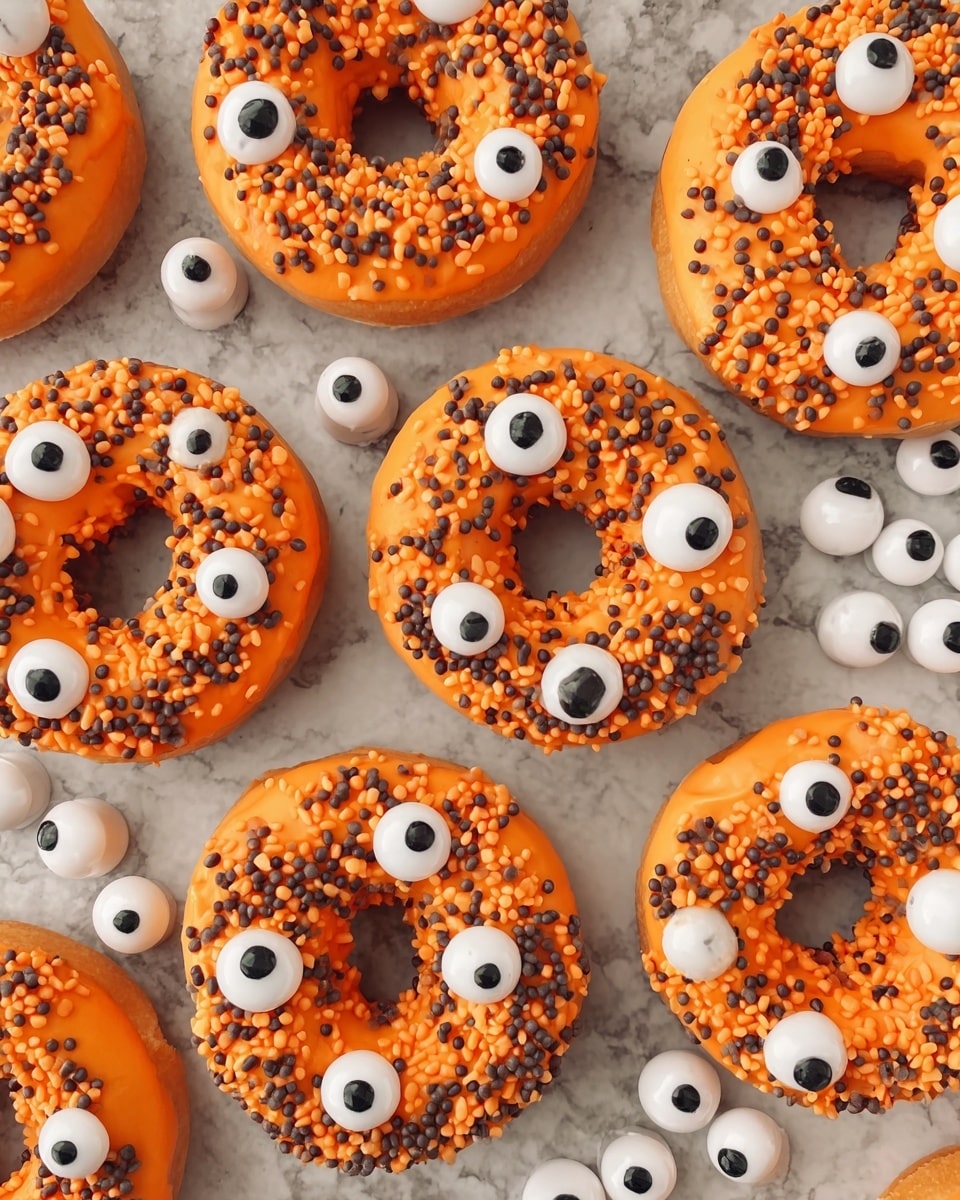 The image shows several round doughnuts with bright orange icing as the top layer, evenly spread over each doughnut. On top of the orange icing, there are two types of sprinkles scattered around: short orange sprinkles and short dark brown sprinkles, creating small clusters. Each doughnut is decorated with multiple white candy eyes of different sizes, arranged in groups of three or four on each doughnut, with black pupils in the center of each eye. Around the doughnuts, extra white candy eyes are spread loosely on the white marbled surface. The doughnuts are arranged closely together in a slightly overlapping way. Photo taken with an iphone --ar 4:5 --v 7
