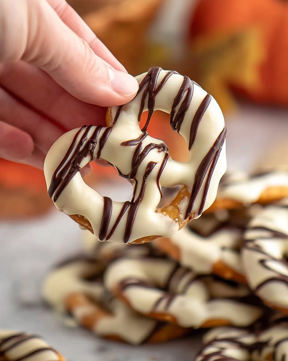 A woman's hand is holding a single pretzel covered with a creamy white layer and decorated with thin dark chocolate lines drizzled on top. The pretzel itself is a golden brown color peeking through on one side. In the background, there is a white marbled surface with a pile of similarly decorated pretzels that have the same layers and chocolate drizzle. The image is clear and uses warm lighting, showing small details in the texture of the coating and chocolate lines. Photo taken with an iphone --ar 4:5 --v 7