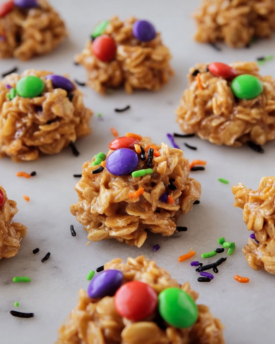 The image shows a group of small, round clusters made of light brown flakes that look sticky and crunchy. Each cluster is decorated with colorful round candies in red, purple, and green, as well as thin, short sprinkles in black, green, purple, and orange scattered on and around them. The clusters are placed on a flat surface with a white marbled texture, spaced apart, and appear glossy as if freshly made. Photo taken with an iphone --ar 4:5 --v 7