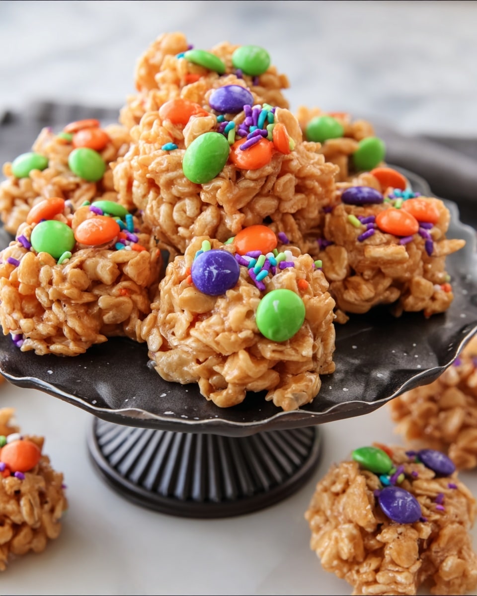 The image shows a group of small clusters made from a sticky, light brown mixture that looks chewy and textured, placed on a black metal stand with a scalloped edge and a ribbed pedestal. Each cluster is decorated with colorful candy pieces in bright green, orange, and purple, along with small sprinkles in green, purple, and orange, scattered on and around the top layer. The stand is set on a plate that is on a white marbled surface, with more clusters positioned around the base, all sharing the same shape and decorations, creating a lively and sweet presentation. Photo taken with an iphone --ar 4:5 --v 7