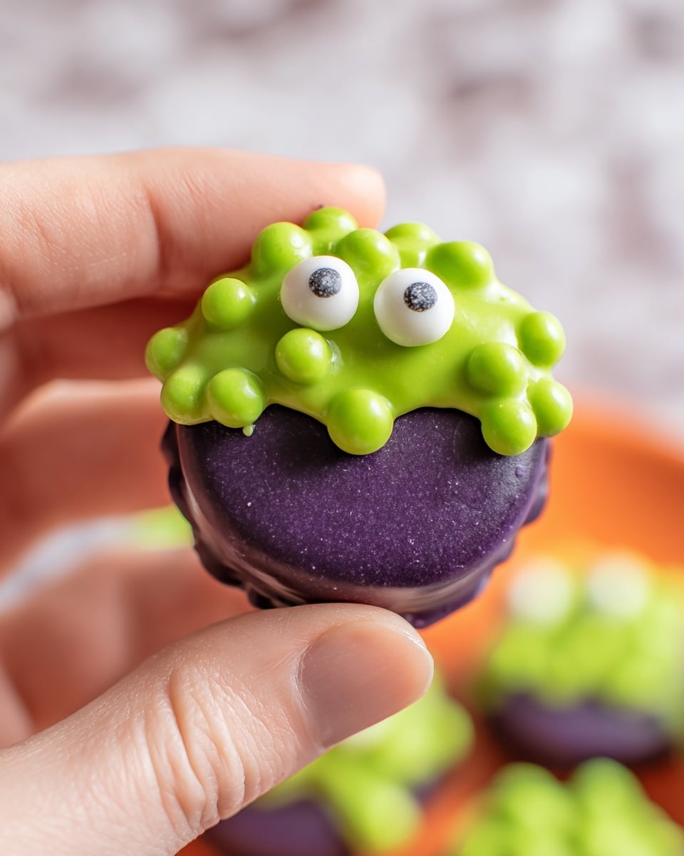 The image shows a close-up of a small round treat held between a woman’s thumb and fingers. The base layer is dark purple and smooth, covering the whole shape. On top of this, there is a bright green layer with a slightly shiny texture and small round green balls scattered all over it. Two white candy eyes with black pupils sit in the green layer near the top center. The background has a soft white marbled texture with hints of orange and green blurred behind. Photo taken with an iphone --ar 4:5 --v 7