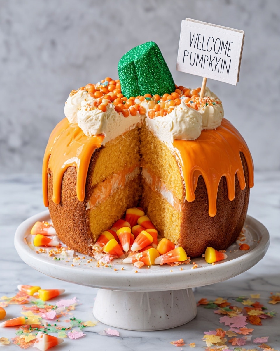 The image shows a two-layer round cake shaped like a pumpkin with a deep brown color. The bottom layer sits on a white marbled surface, and the top layer is joined to the bottom with a thin spread of orange frosting. Thick orange frosting drips over the top edge of the cake, spreading unevenly down the sides, and is covered with small round orange sprinkles. On top of the cake, in the center, there is a tall green cone-shaped decoration that looks like it is coated with green sugar crystals. The photo was taken with an iphone --ar 4:5 --v 7