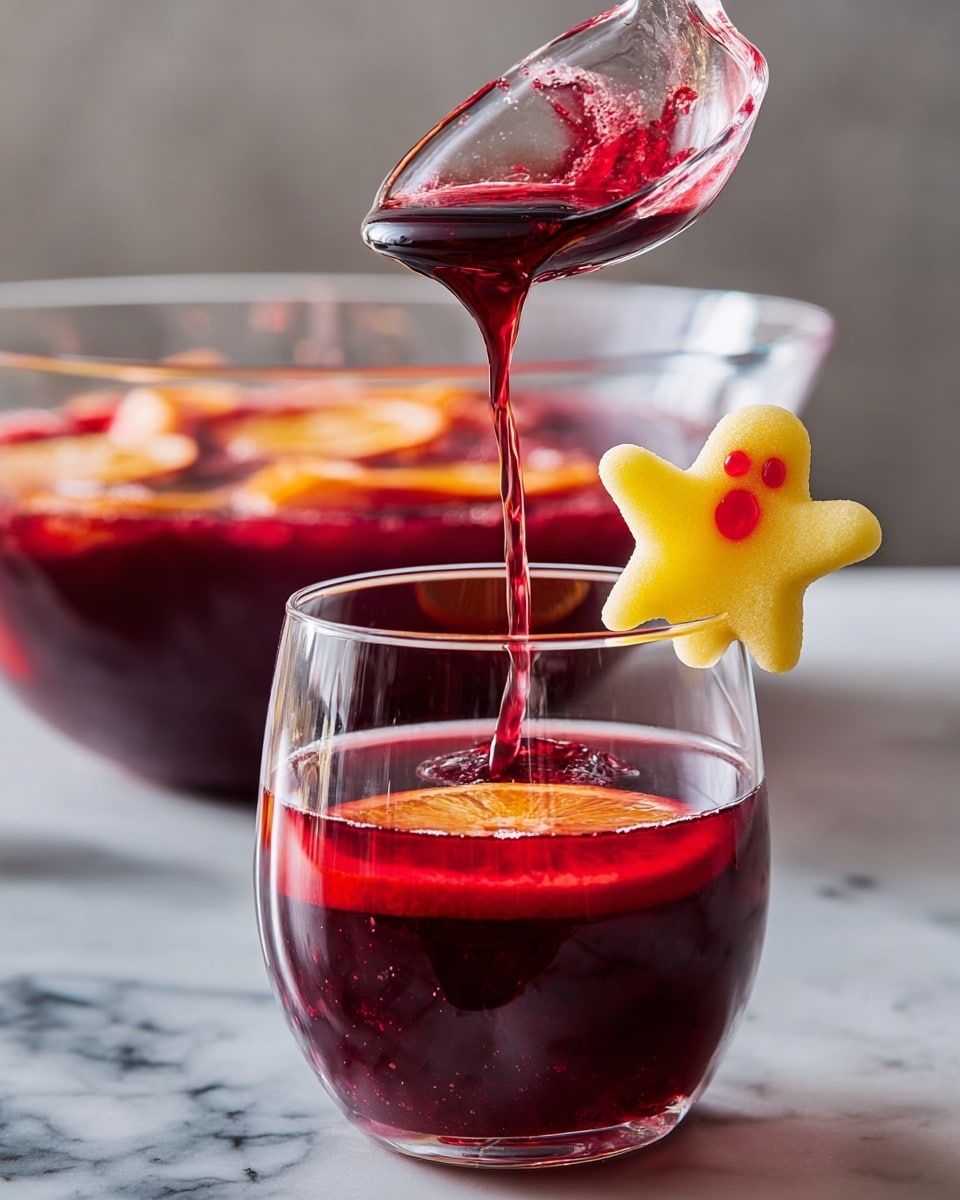 A clear glass filled halfway with a dark red liquid with a slice of orange floating on top, positioned on a white marbled surface. Above the glass, a clear ladle with dark red liquid being poured, dripping down in motion, holding a small yellow ghost-shaped marshmallow with two small eyes and a mouth made from red coloring, half-submerged in the liquid. In the background, a large clear bowl partly visible, filled with more dark red liquid and floating orange slices, all set against a soft blurred backdrop. photo taken with an iphone --ar 4:5 --v 7