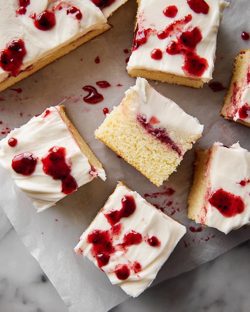 This image shows a square piece of yellow cake with visible holes in its soft texture. The cake has a thick top layer of smooth white cream. Bright red berry sauce oozes from inside the cake and drips down the sides, with some splashes on the white marbled surface below. On the top of the cake piece, there is a white wavy decoration. Two more similar cake pieces are partially visible in the background, and the whole setup is placed on white parchment paper. Photo taken with an iphone --ar 4:5 --v 7