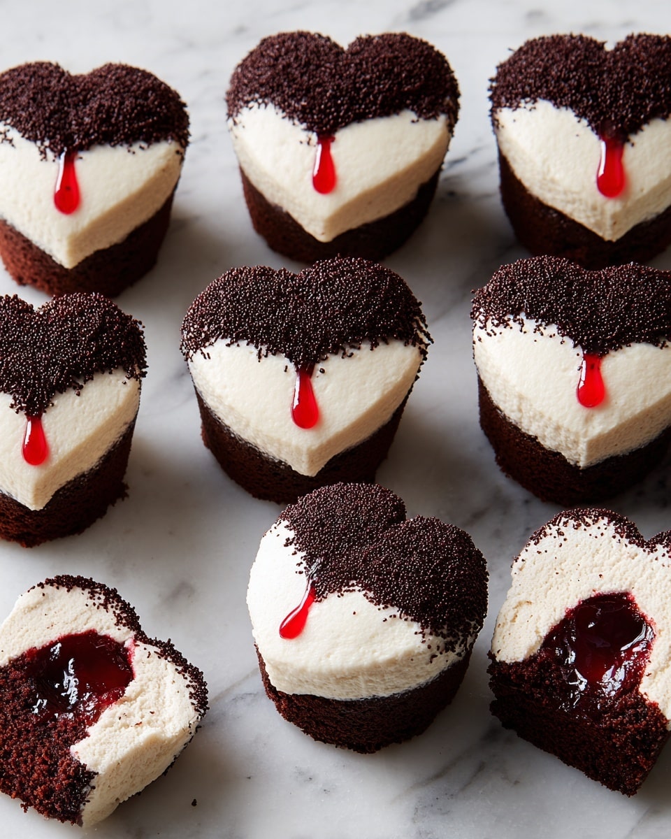 The image shows nine cupcake-sized desserts arranged on a white marbled surface. Each cupcake has three main layers: the bottom layer is dark brown chocolate cake, topped with a thick, smooth white cream layer forming a heart shape on top. The top part outside the heart shape is covered with fine dark brown crumbs, resembling hair. Two small drops of shiny red sauce drip down the front of each white heart shape, like vampire tears. One cupcake is sliced open revealing a dark red jelly filling inside the chocolate cake base that spills out slightly. The cupcakes are placed close together in neat rows. Photo taken with an iphone --ar 4:5 --v 7