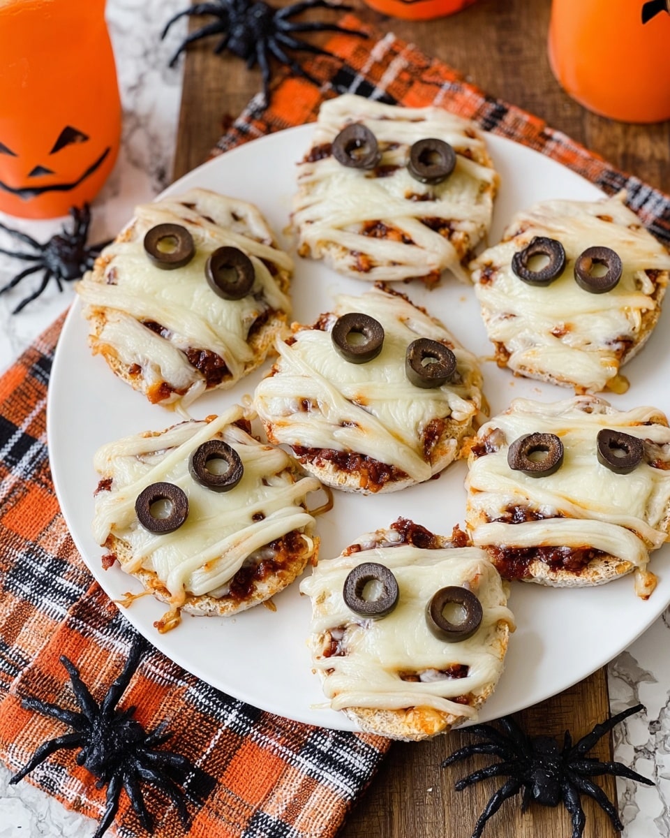 The image shows eight small round mini pizzas designed like mummies arranged on a white square plate and wooden table. Each mini pizza has two layers: a base crust with a reddish-brown tomato sauce topped with white melted cheese arranged in streaks to look like mummy bandages. On top of each one, two olive slices (black or green) serve as eyes. The white melted cheese has a smooth and slightly bubbly texture. The plate sits on a checkered cloth with black, white, and pastel lines, and there are small plastic orange and black spider decorations nearby on the table. The background is a white marbled texture. Photo taken with an iphone --ar 4:5 --v 7
