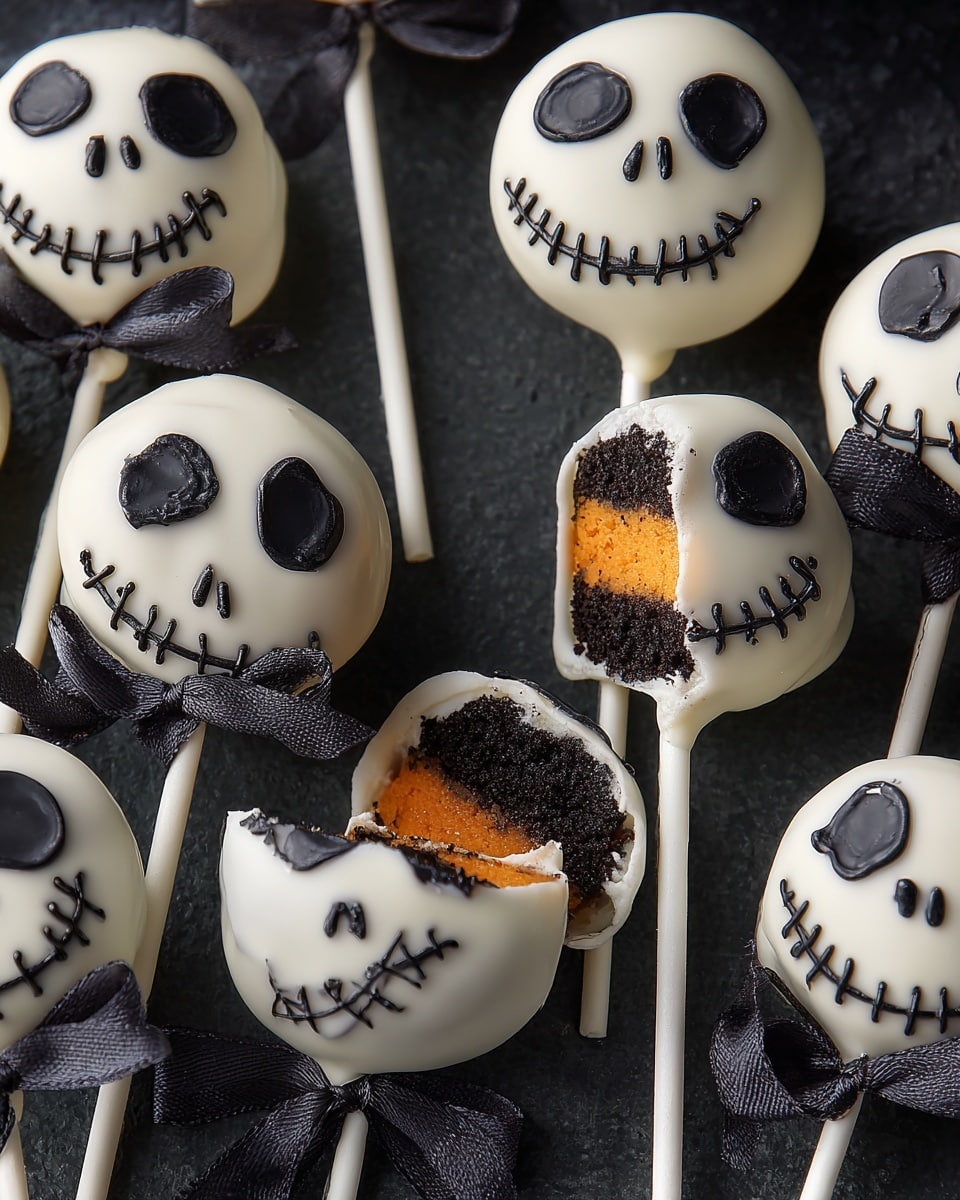 The image shows several round cake pops with a white outer layer decorated with black icing to look like skull faces with hollow eyes and stitched mouths. Each cake pop has a white stick tied with a thin black ribbon bow. One cake pop is bitten to show three inner layers: a black outer cake layer, a bright orange cake layer in the middle, and a black cake layer inside. All the cake pops are on a dark textured surface. photo taken with an iphone --ar 4:5 --v 7
