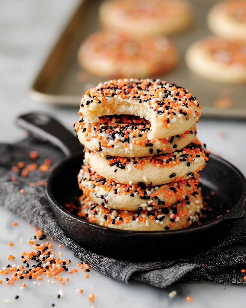 A stack of five round cookies is placed inside a small black skillet on a dark textured cloth over a white marbled surface. Each cookie is covered with orange and black sprinkles, creating a colorful, festive look. The top cookie has a bite taken out, showing a soft, light inside. Around the skillet are some scattered sprinkles and a single cookie leaning on the skillet’s side. In the blurred background, more cookies rest on a metal baking sheet on the white marbled surface. photo taken with an iphone --ar 4:5 --v 7