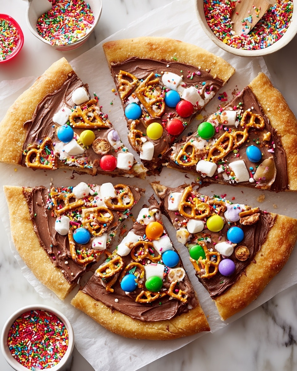 A dessert pizza with a golden brown crust forms the base, cut into six slices. The first layer is smooth milk chocolate spread evenly on top of the crust. On the chocolate layer, there are colorful round candy-coated chocolates in blue, green, yellow, and orange, small white marshmallows, crunchy pretzel pieces, and a scattering of multicolored sprinkles in various shapes all over. The pizza rests on white parchment paper, placed on a white marbled surface with small bowls of sprinkles and candy-coated chocolates nearby. Photo taken with an iphone --ar 4:5 --v 7