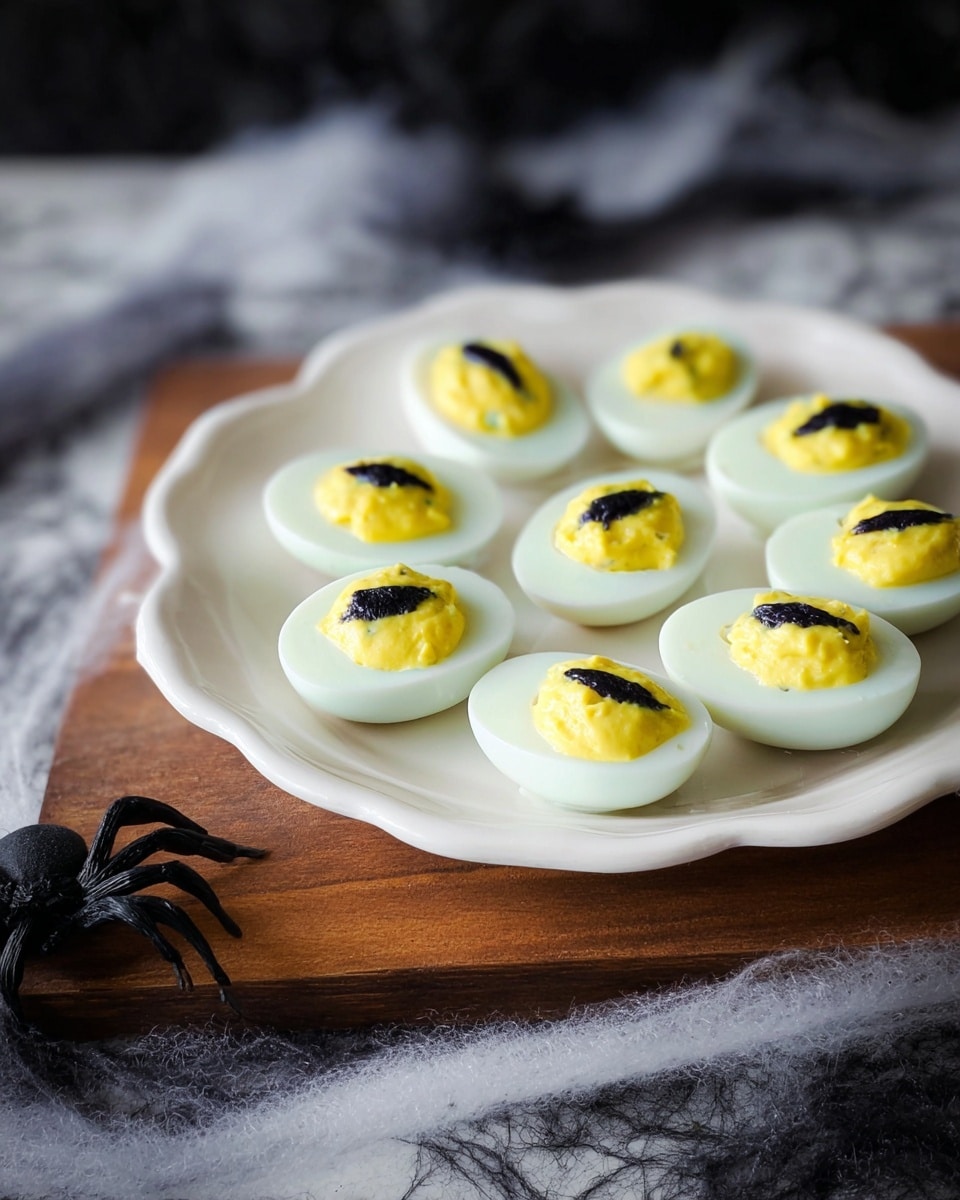 The image shows eight halved boiled eggs placed on a white plate with a slight scalloped edge. Each egg has a smooth white outer layer, with a creamy yellow filling on top. A small black strip sits neatly on the center of the yellow filling in each egg half. The plate rests on a wooden board, and the background features a white marbled texture with wisps of fake spider web and a flat black spider decoration near the bottom left corner. The overall setting has a dark, mysterious feel. photo taken with an iphone --ar 4:5 --v 7