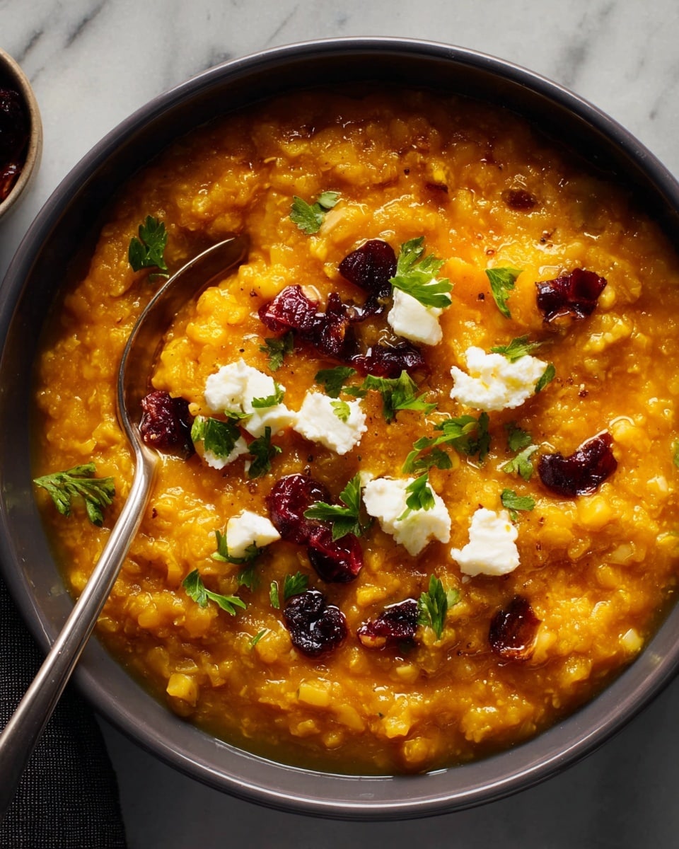 The dish is served in a dark bowl filled with a thick, orange layer of soft mashed pumpkin with visible chunks for texture. On top, scattered bright red dried cranberries add bursts of deep color, along with small dollops of white cheese spread unevenly across the surface. Fresh green parsley leaves are placed around for contrast, enhancing the visual appeal. A silver spoon rests inside the bowl, ready for eating. The scene is set against a white marbled texture. photo taken with an iphone --ar 4:5 --v 7