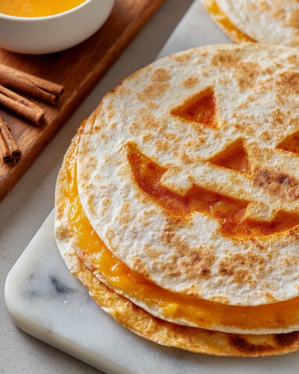 The image shows two pumpkin jack-o'-lantern quesadillas made with two tortillas each. The top quesadilla has a top tortilla with carved eyes, nose, and a jagged smile revealing the bright orange pumpkin filling inside. Below is a smooth tortilla layer slightly visible, and the bottom tortilla supports the quesadilla. The second quesadilla on a white plate has similar carved shapes but with a more melted cheese or pumpkin layer that is shiny and yellow-orange under the top tortilla, which has browned spots. Next to the quesadillas is a small bowl of thick pumpkin puree and three cinnamon sticks on a white marbled surface. There is also some shredded cheddar cheese on a wooden board and a mustard yellow cloth nearby. Photo taken with an iphone --ar 4:5 --v 7