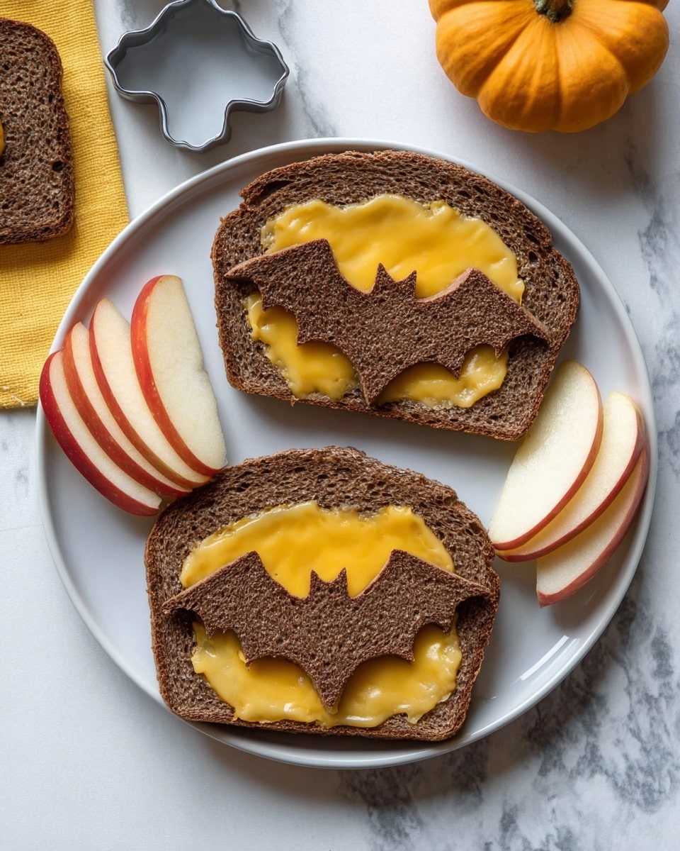 Three slices of dark brown bread are on a white plate, each with a bat-shaped hole in the center filled with melted yellow cheese. There are two bat-shaped pieces of bread beside the slices, showing the cut-out parts. The plate also has three thin slices of red and white apple. Near the plate, a metal bat-shaped cookie cutter and a small pumpkin are visible on a white marbled surface. Photo taken with an iphone --ar 4:5 --v 7