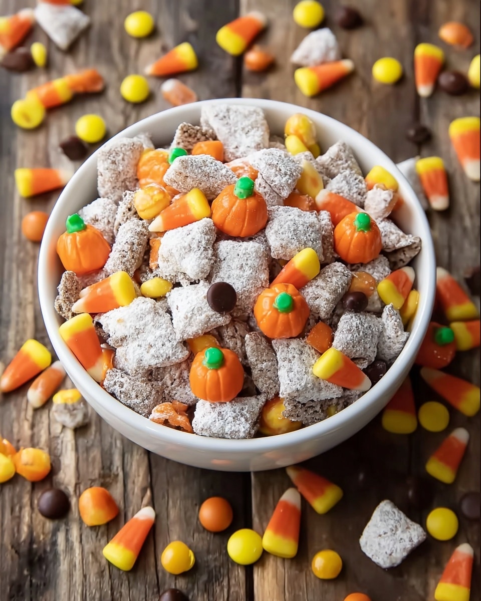 A white bowl is full of snack mix that looks crunchy and sweet. The mix has small square pieces covered in white powder, bright orange candy pumpkins with green tops, yellow and orange candy corns, and small round candies in yellow, orange, and dark brown colors scattered evenly. The bowl sits on a wooden surface with extra candies spread out around it. photo taken with an iphone --ar 4:5 --v 7