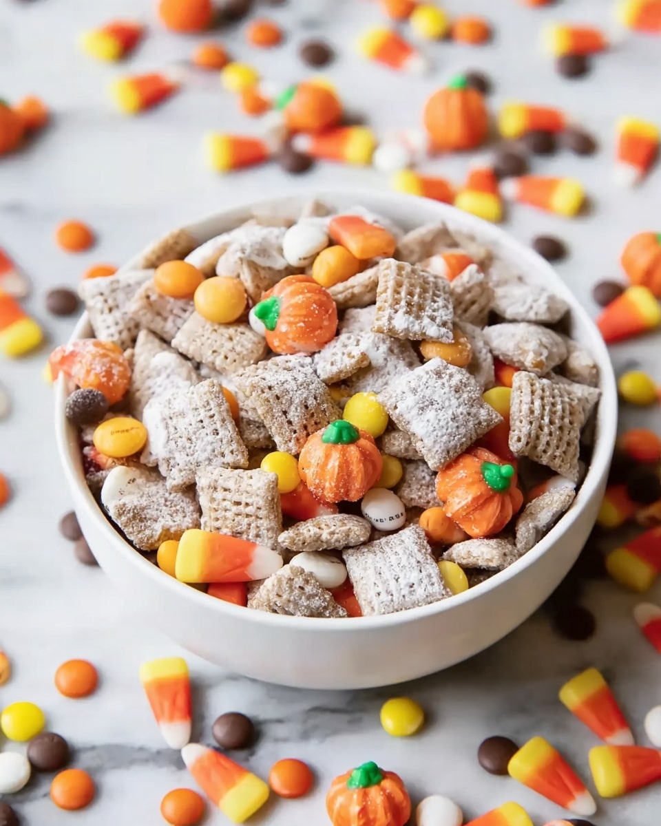 A white bowl filled with several layers of snack mix. The bottom layer consists of light brown, square, crunchy cereal pieces dusted with white powder. Scattered on top are small, round candies in bright yellow, orange, and brown colors. Mixed throughout are small orange pumpkin-shaped candies with green tops, and there are also some small candy corns in shades of white, orange, and yellow. The bowl is on a white marbled surface with more small orange pumpkin candies and round colored candies spread around it. Photo taken with an iphone --ar 4:5 --v 7