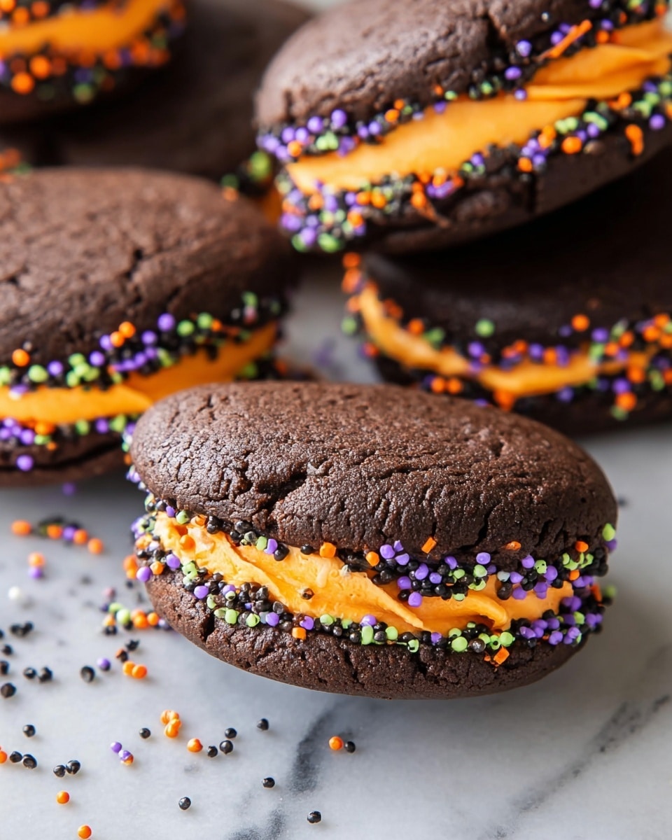 The image shows close-up of chocolate sandwich cookies with two thick, dark brown, slightly cracked cookie layers on top and bottom. In the middle, there is bright orange cream filling that looks smooth and thick. Around the edges of the orange filling, there are colorful round sprinkles in orange, purple, green, and black, adding texture and contrast to the sandwich cookies. The cookies are placed on a white marbled surface with some sprinkles scattered around. Photo taken with an iphone --ar 4:5 --v 7