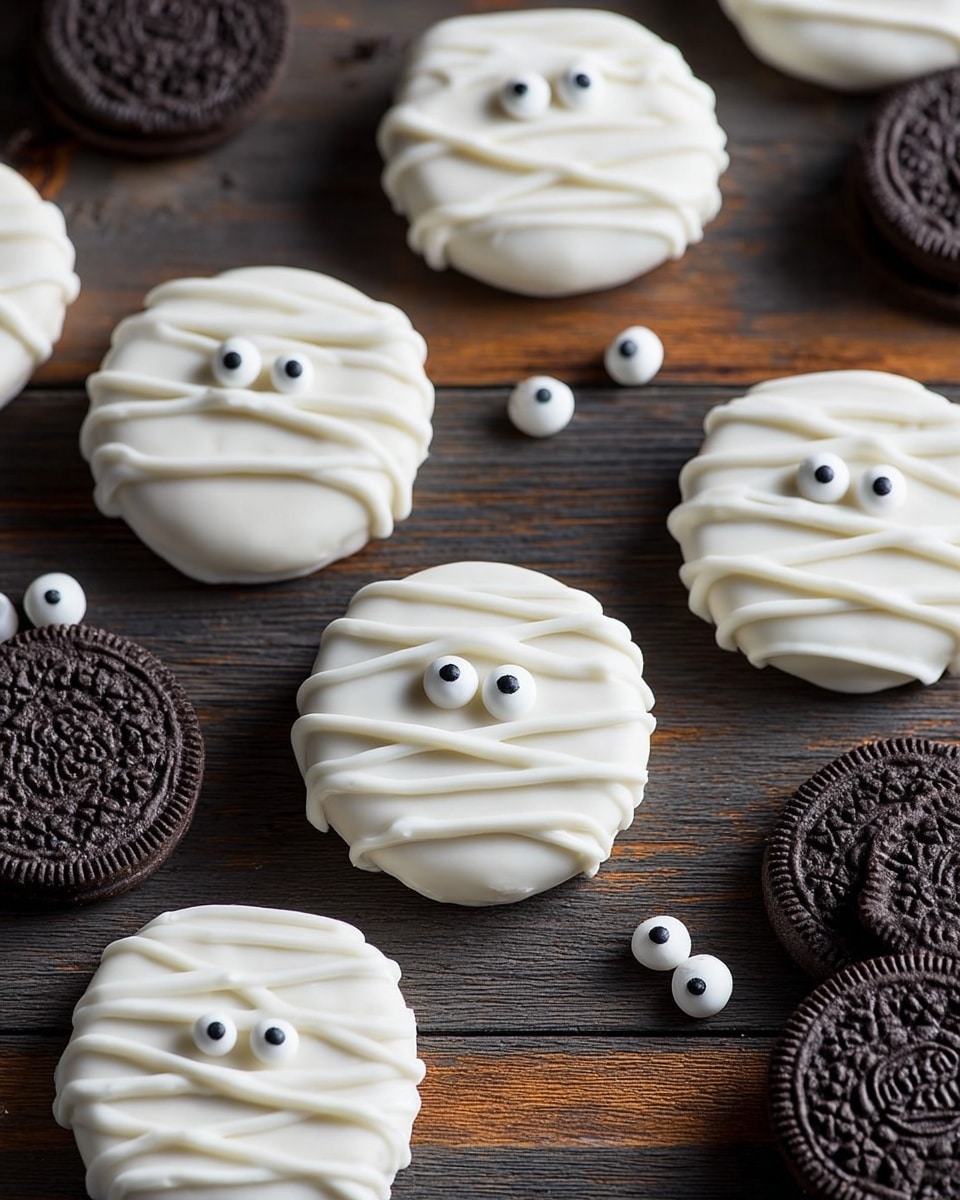 The image shows round cookies covered with a smooth white layer that looks like icing, arranged on a dark wooden surface. Each cookie has several thin white lines of icing crisscrossing over it to look like wrappings, and two small white candy eyes with black dots are placed near the top of each cookie, giving them a mummy-like appearance. Some plain dark chocolate sandwich cookies lie around the decorated cookies, and a few candy eyes are scattered on the surface as well. photo taken with an iphone --ar 4:5 --v 7