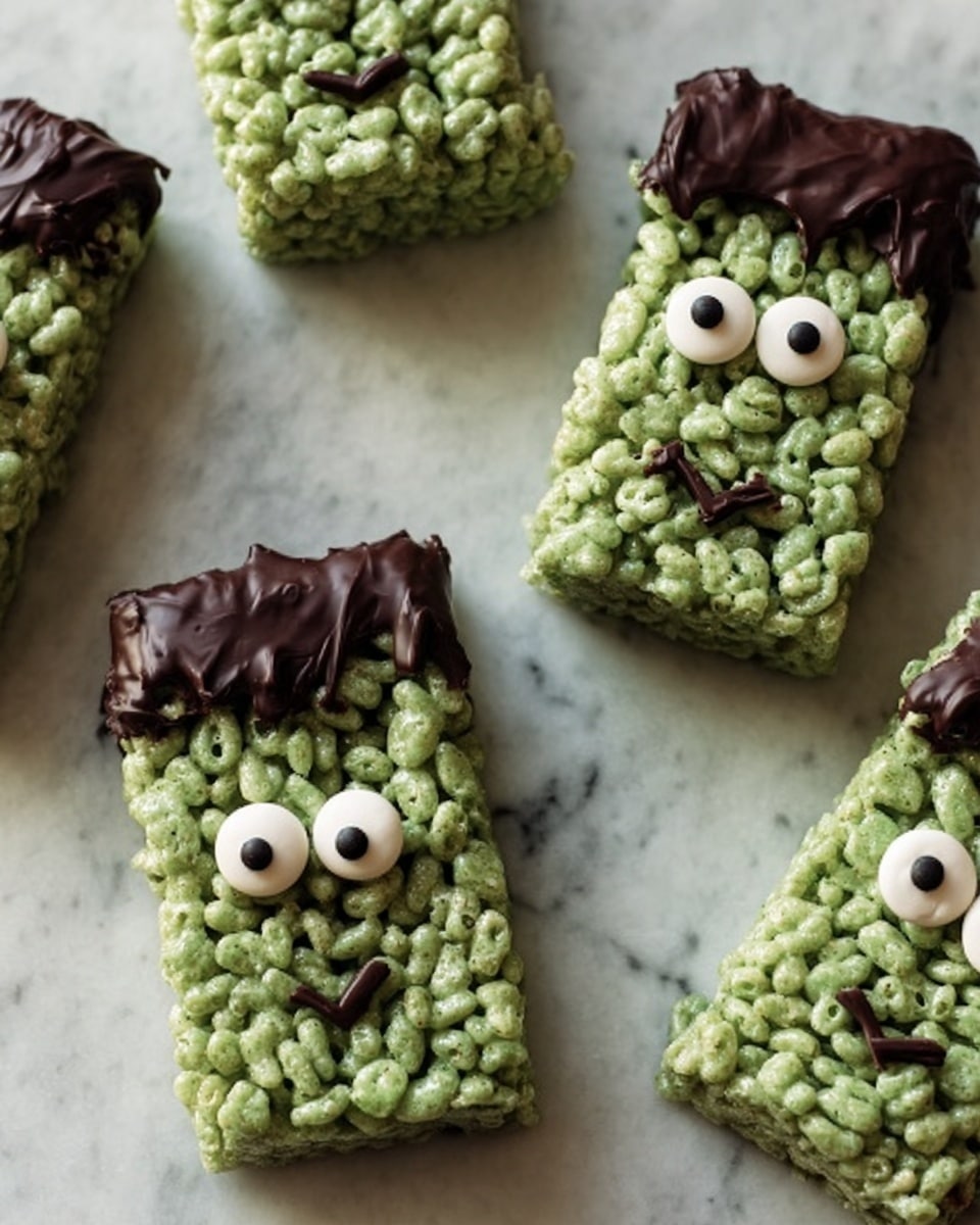 The image shows four rectangular green rice crispy treats shaped like Frankenstein heads arranged on a white marbled surface. Each treat has a layer of dark brown chocolate covering the top part, simulating hair. Two small white candy eyes are placed near the top center with a thin dark chocolate line connecting them like glasses. Curved dark chocolate lines below the eyes form smiling mouths and simple facial features. Small triangular dark chocolate pieces stick out from the sides, resembling ears or bolts. The texture of the treats is bumpy and uneven due to the puffed rice cereal. photo taken with an iphone --ar 4:5 --v 7
