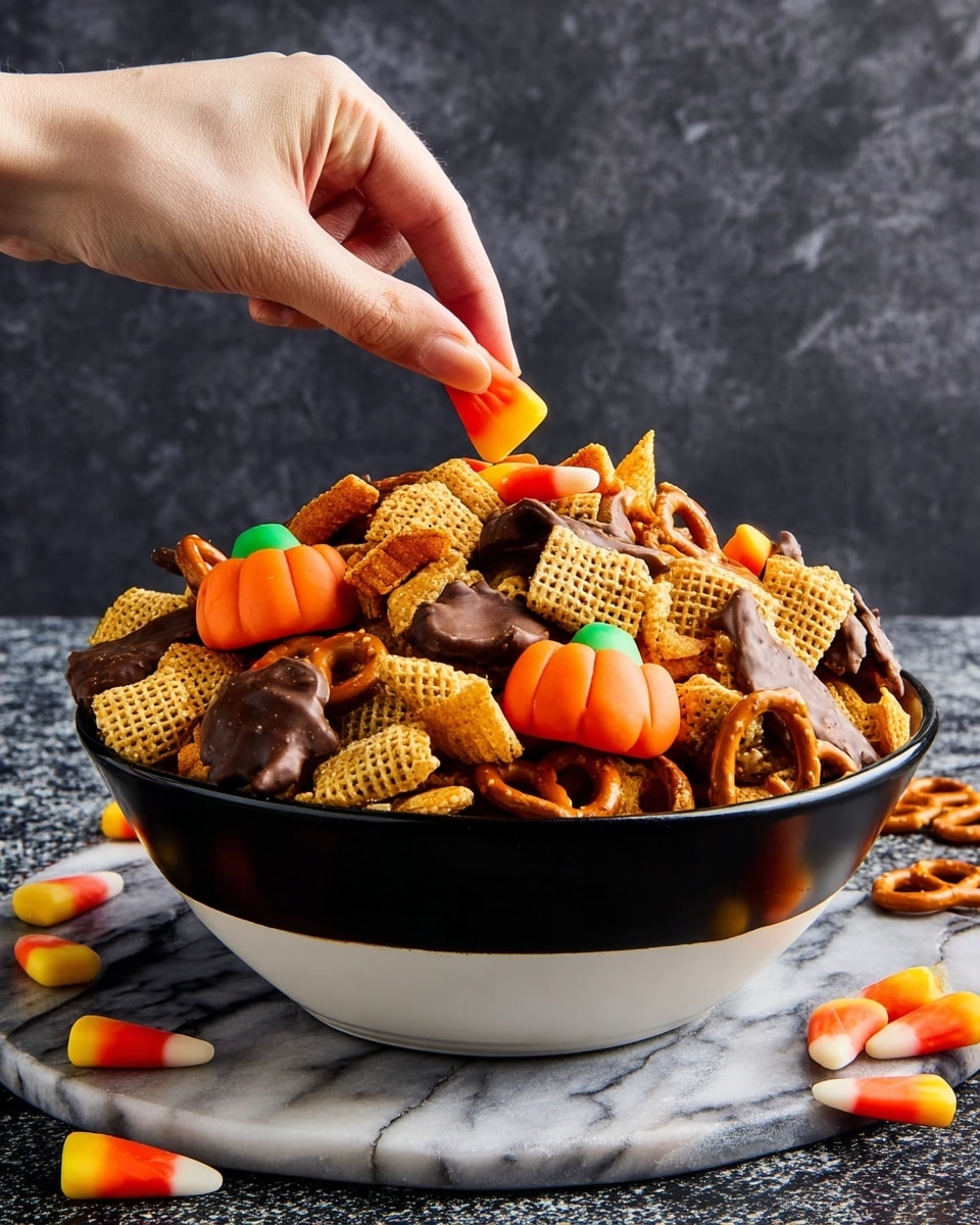 A black and white bowl filled with a mix of colorful snack pieces sits on a white marbled surface. The snack mix has several layers including orange pumpkin-shaped candies, orange chip-like pieces, chocolate covered pretzels, and square cereal pieces with a grid pattern. There are also candy corn candies scattered through the mix. A woman's hand is shown picking up one of the bright orange pumpkin candies from the top of the pile. A few snack pieces and a candy corn rest on the white marbled surface near the bowl. The background is a dark grey textured surface. Photo taken with an iphone --ar 4:5 --v 7