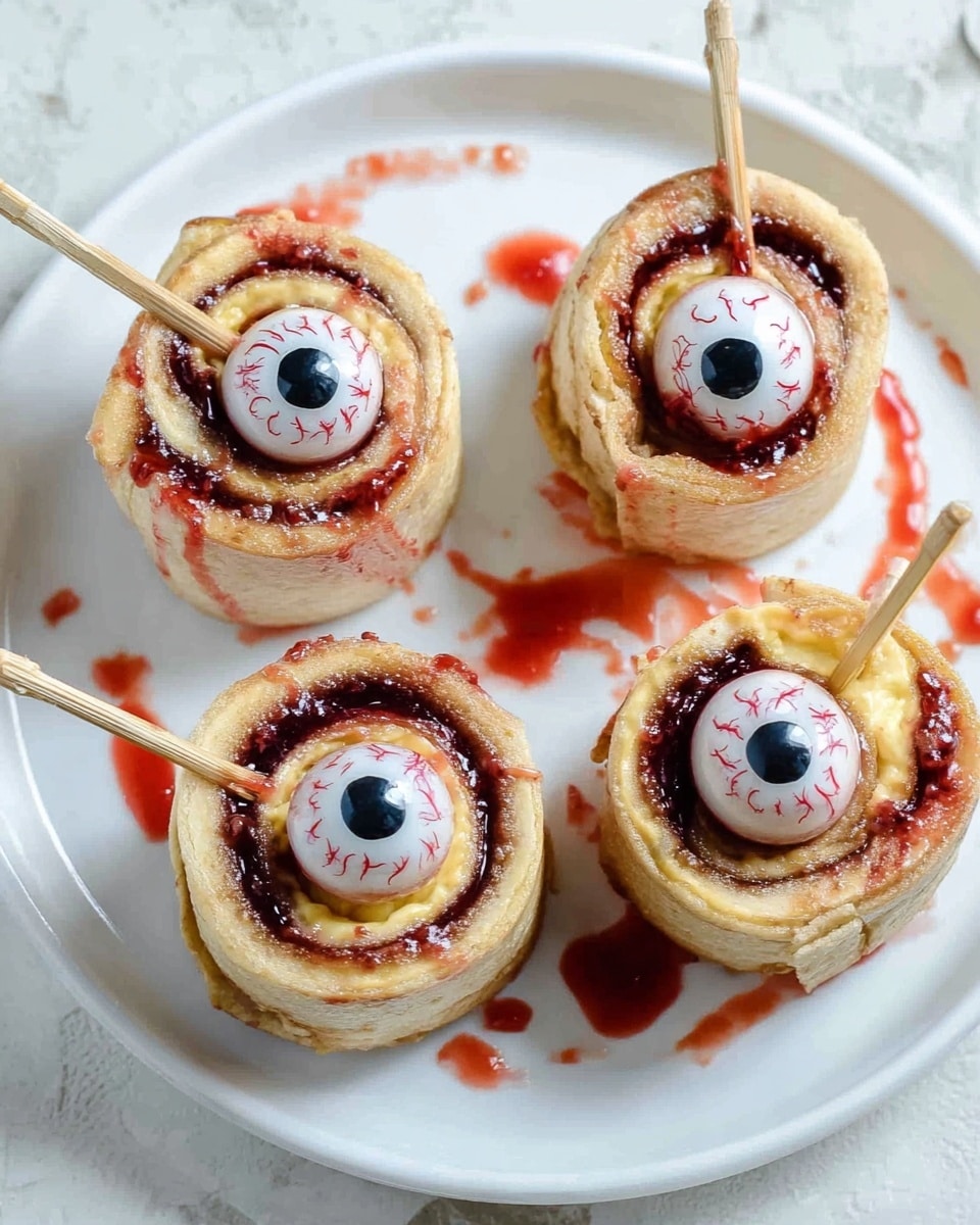 The image shows six round rolled tortillas placed on a dark slate surface against a white marbled textured background. Each tortilla roll is cut into three layers: the outer layer is a light beige tortilla, the middle layer is a shiny dark reddish sauce, and the inner layer is a pale yellow cheese. On top of each roll, there is a white candy eye with a black center and red squiggly lines, placed in the middle of the cheese. Each roll is held together with a wooden skewer running horizontally through the side. The look is neat with vibrant colors, and the focus is sharp. Photo taken with an iphone --ar 4:5 --v 7