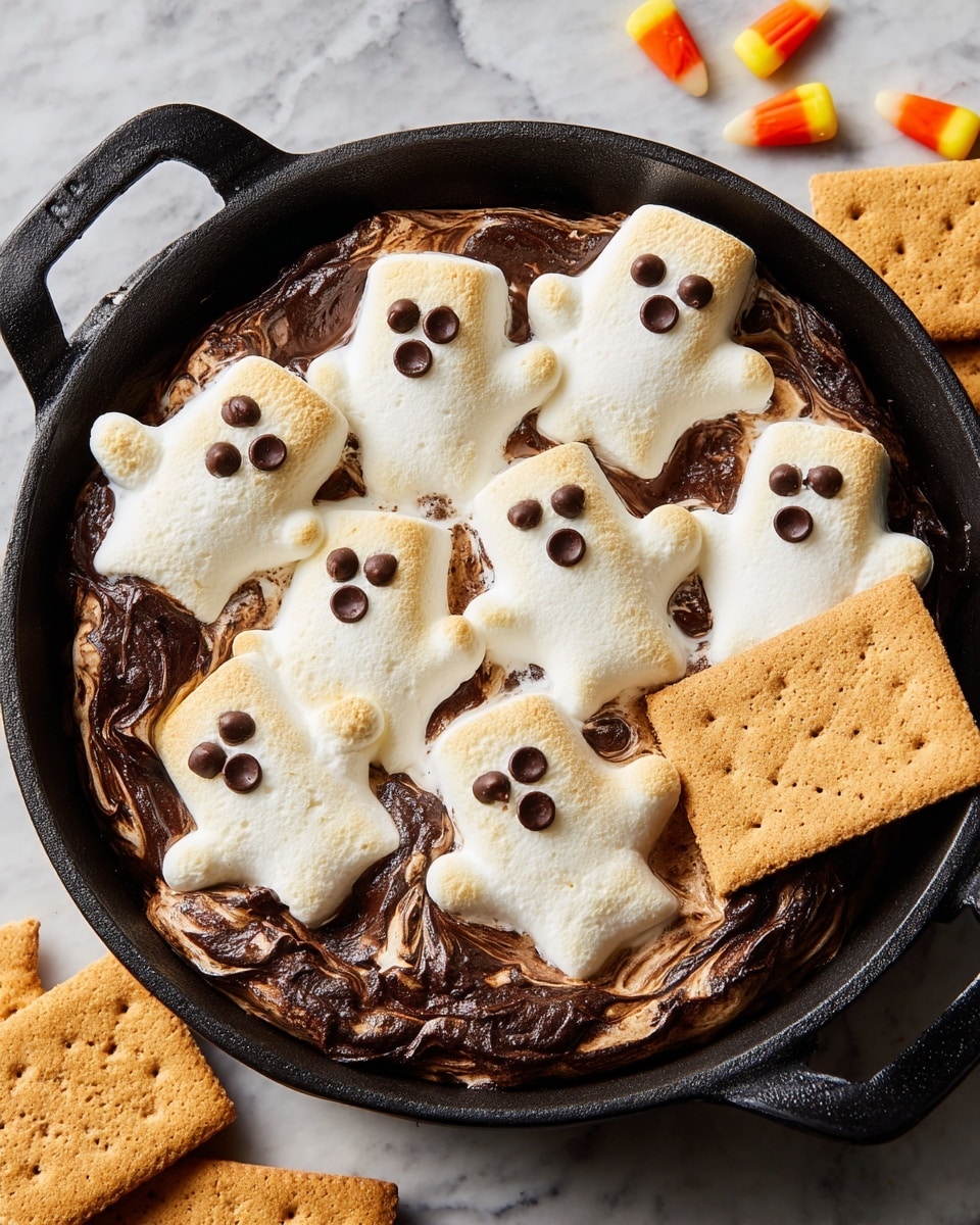 The image shows a black cast iron pan filled with s'mores dip, topped with golden toasted marshmallows shaped like little bears. Each marshmallow is lightly browned with three small chocolate chips arranged as eyes and nose on the flat surface. Below the marshmallow layer, melted dark brown chocolate is visible, mixed with some melted white marshmallow, creating a marbled swirled texture. On the right side, a rectangular piece of light brown graham cracker is dipped into the gooey mixture. The pan sits on a surface with a white marbled texture. Candy corn and additional graham crackers are placed around the pan photo taken with an iphone --ar 4:5 --v 7