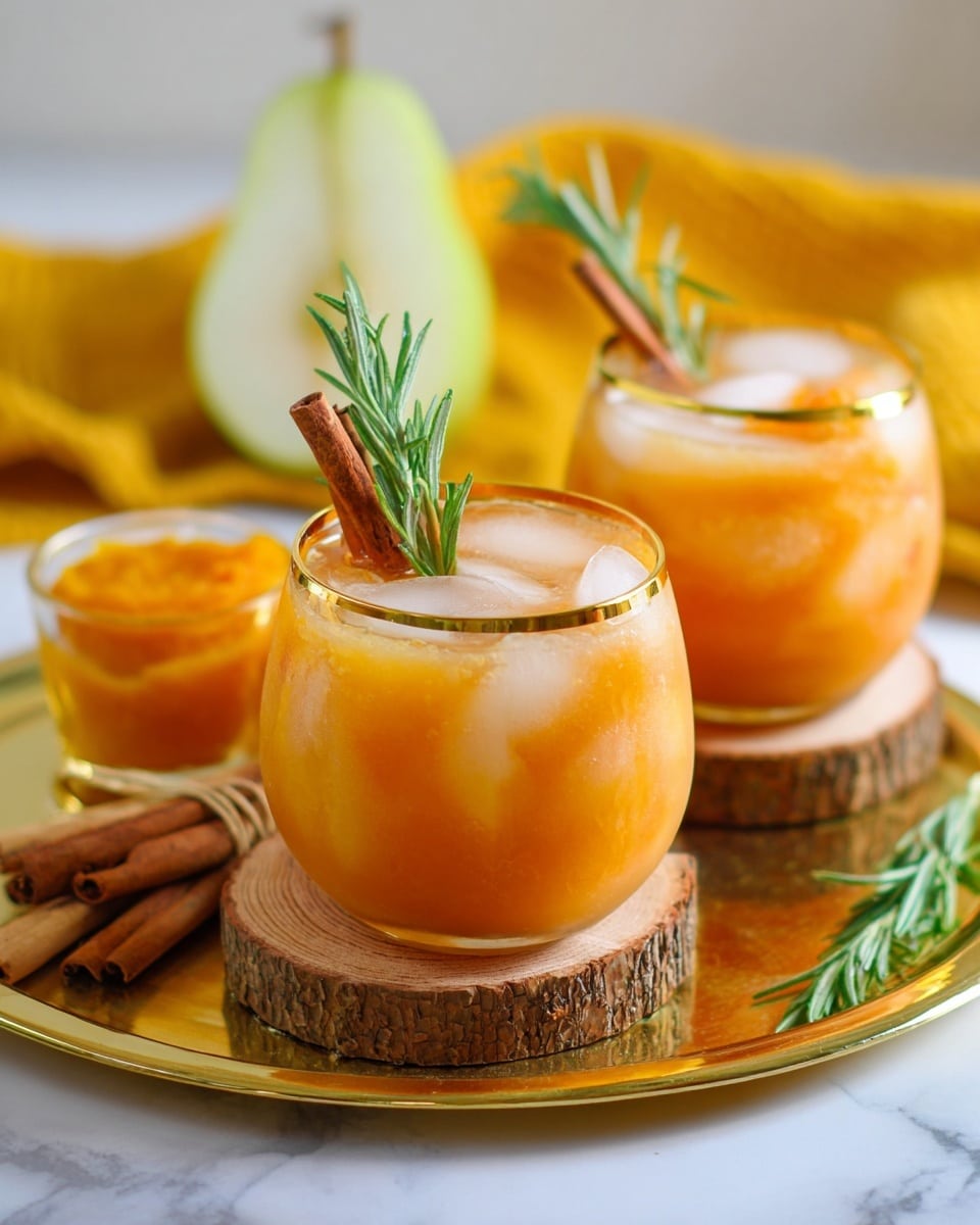 Two round glasses with gold rims hold an orange-yellow drink with ice. Each drink is topped with a green rosemary sprig and a brown cinnamon stick, standing upright. The glasses sit on small round wooden coasters placed on a golden tray. To the side, there are cinnamon sticks tied together and a small clear glass filled with an orange paste. In the background, there is a blurred slice of green pear on a yellow cloth. The whole scene is on a white marbled surface. photo taken with an iphone --ar 4:5 --v 7