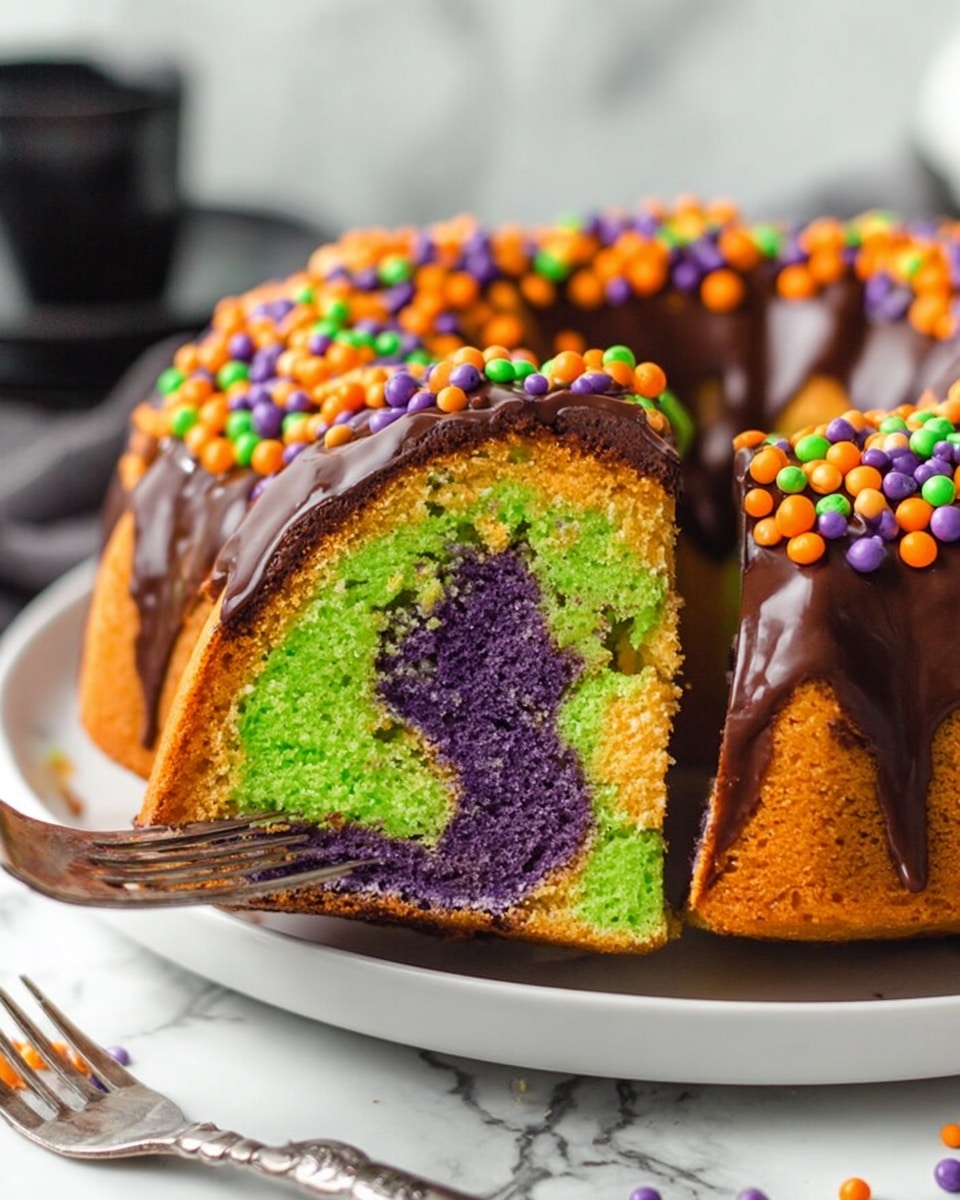 A slice of Bundt cake with three colorful layers is shown close up on a black plate. The outer layer is bright orange with a smooth texture, the middle layer is purple with a soft crumb, and the innermost layer is bright green with a fluffy consistency. The top of the cake is covered with a thick, dark chocolate glaze that drips slightly down the sides. On top of the glaze, there are round and stick-shaped sprinkles in green, orange, purple, and pink colors adding a festive look. The background is blurred with pumpkins visible behind, placed on a white marbled surface. photo taken with an iphone --ar 4:5 --v 7