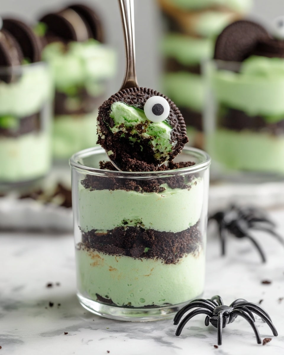 The image shows a small clear glass filled with a layered dessert consisting of three visible layers of light green cream alternating with three layers of dark crumbly chocolate cookie bits. Inside the glass, a green cookie with an eyeball design sticks out from the green cream, adding a fun and spooky touch. A silver spoon lifts a bite-sized portion from the top, showing the creamy green layer topped with a dark crumb layer. A black plastic spider sits next to the glass on a white marbled surface, with blurred similar desserts in the background. Photo taken with an iphone --ar 4:5 --v 7