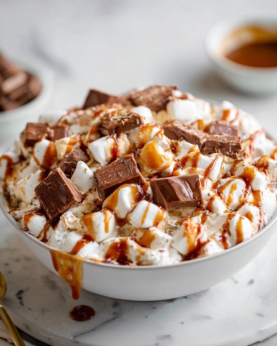 The image shows a white bowl filled with a creamy dessert made from many small white marshmallows mixed with soft pudding or cream. The top layer has several pieces of chocolate candy bars scattered evenly, showing a rich brown color and a firm texture. Over the marshmallows and chocolate, there is a thick drizzle of caramel sauce, adding a shiny golden-brown layer that flows down the sides. The bowl is placed on a white marbled surface with a blurred small bowl of sauce and a spoon in the background. photo taken with an iphone --ar 4:5 --v 7