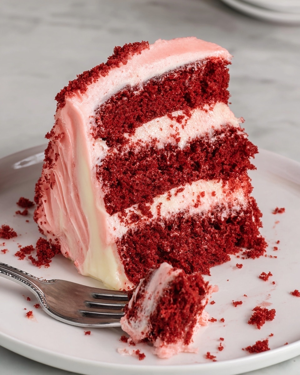 A red brain-shaped cake with three visible layers sits on a white plate with red sauce dripping down the sides and pooling around the base. The cake layers are dark red with lighter pink frosting between each layer and covering the inside where a slice has been removed. The brain-shaped top is detailed with deep grooves and covered in shiny, bright red sauce that looks thick and glossy. The background is a white marbled texture with soft focus kitchen elements. photo taken with an iphone --ar 4:5 --v 7