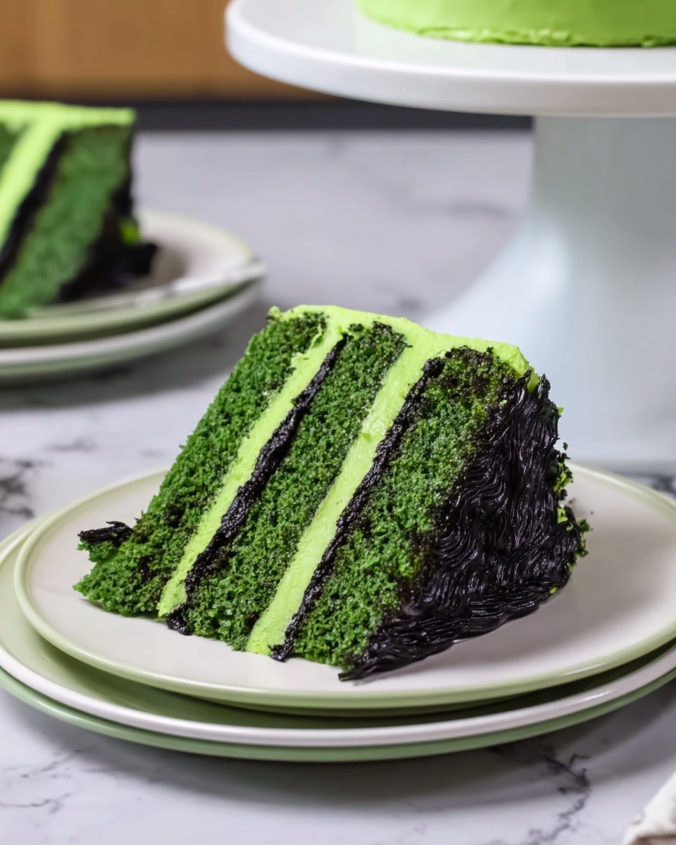 The image shows a bright green three-layer cake designed like a cute monster face, with black textured icing on top that looks like spiky hair. The cake's sides are covered in smooth bright green frosting, decorated with big round black and white eyes, pink cheeks, gray circles near the bottom, green ears on each side, and a simple black smile with a small black stitch detail above one eye. In front of the cake, two white plates each hold a slice showing three green cake layers with bright green filling between them, and the outer edge of the slice is decorated with black textured icing matching the hair on the cake. The scene is set on a white marbled surface with a knife, fork, and a white cake stand. Photo taken with an iphone --ar 4:5 --v 7