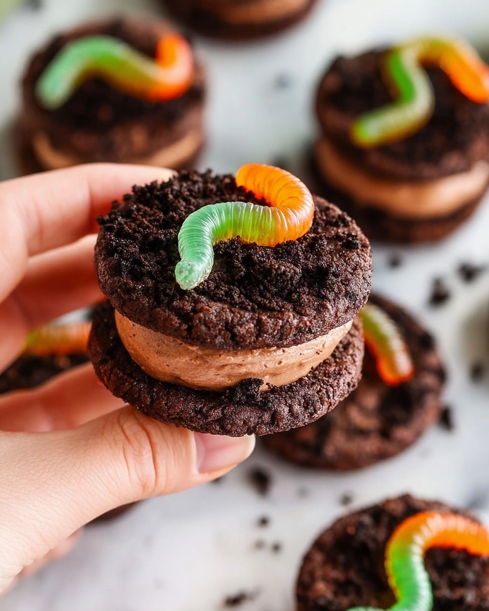 A stack of three dark chocolate cookies with a soft texture is shown, each separated by a thick layer of creamy, smooth chocolate frosting that looks rich and glossy. On top of the uppermost cookie, there is a swirl of the same chocolate frosting, sprinkled with fine dark cookie crumbs. Two colorful gummy worms, one red and yellow and the other orange, are nestled partly inside the frosting layers, adding a playful touch. The background has a white marbled texture with scattered out-of-focus gummy worms and cookies. photo taken with an iphone --ar 4:5 --v 7